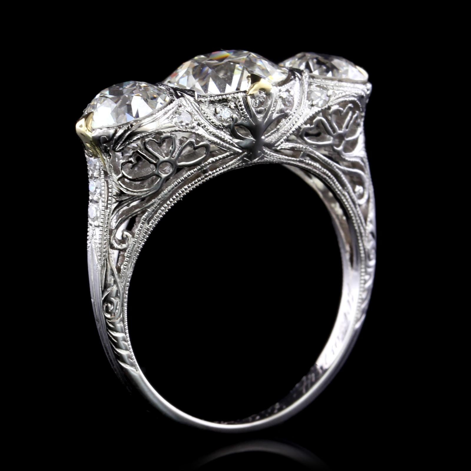 Old European Cut Edwardian Platinum Diamond Three-Stone Ring GIA Certified