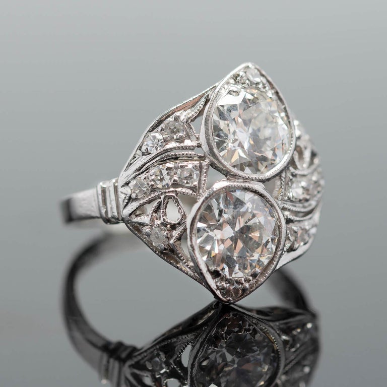 Women's or Men's Edwardian Platinum + Diamond Twin Old European Cut Diamond Ring For Sale