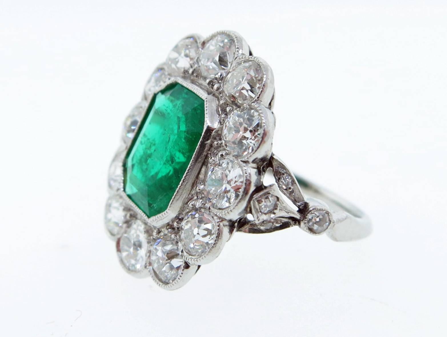 Old European Cut Edwardian Emerald Diamond Platinum Ring For Sale