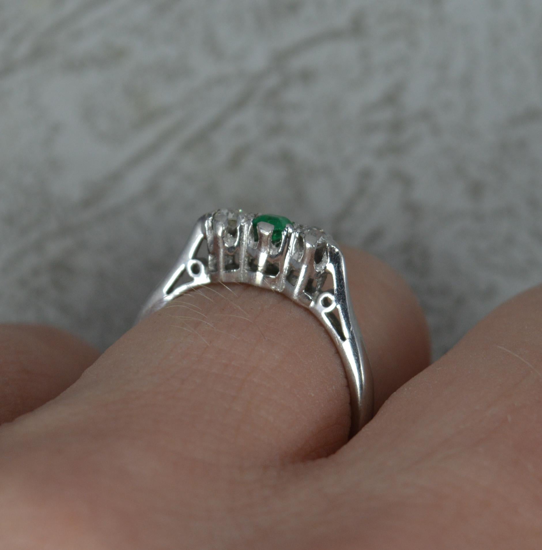 Edwardian Platinum Emerald and Old Cut Diamond Engagement Trilogy Ring In Good Condition In St Helens, GB