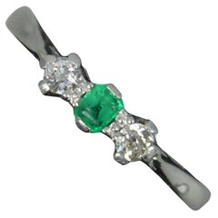 Edwardian Platinum Emerald and Old Cut Diamond Engagement Trilogy Ring