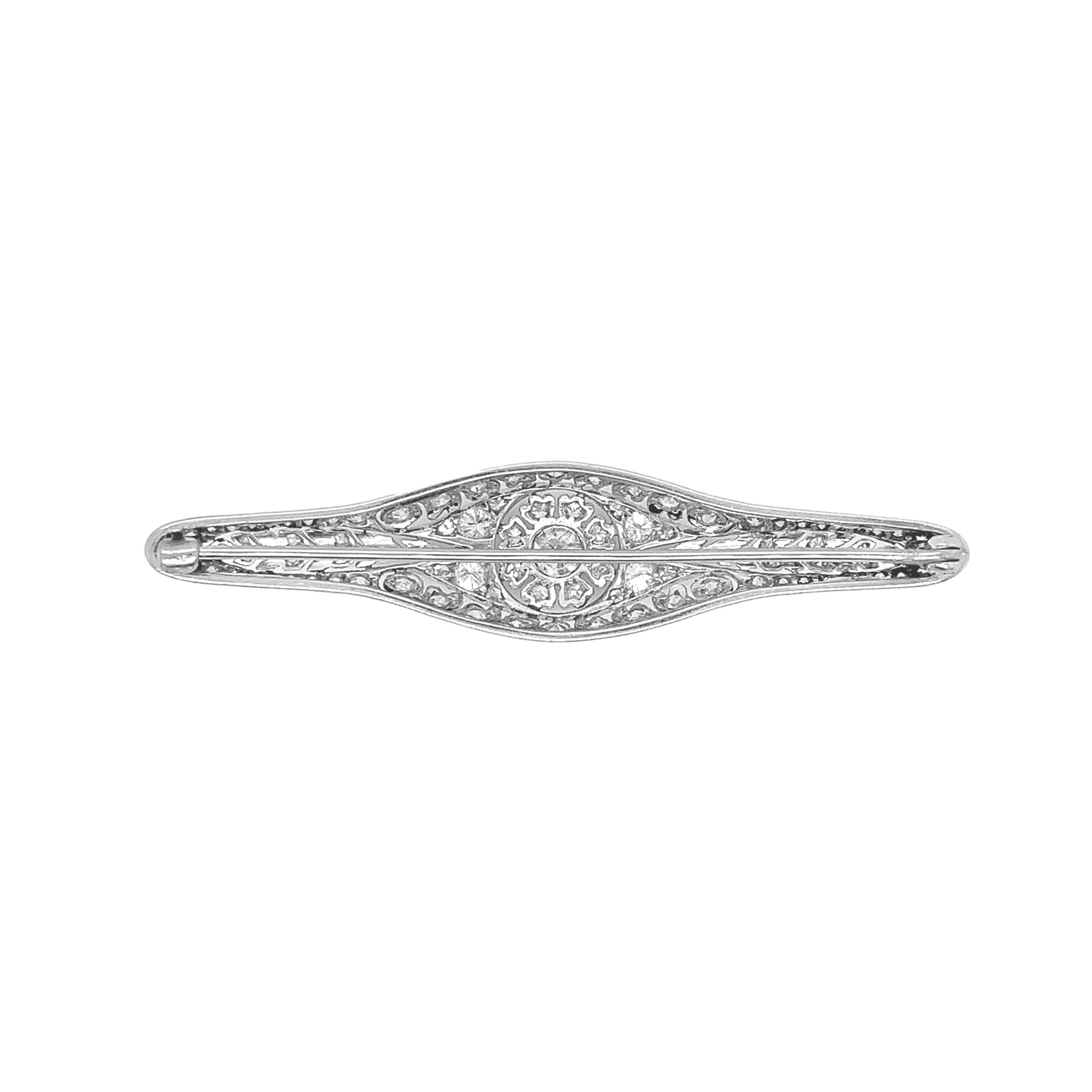 Old European Cut Edwardian Platinum Filigree 1.50 carat tw Diamond Floral Bar Pin For Sale