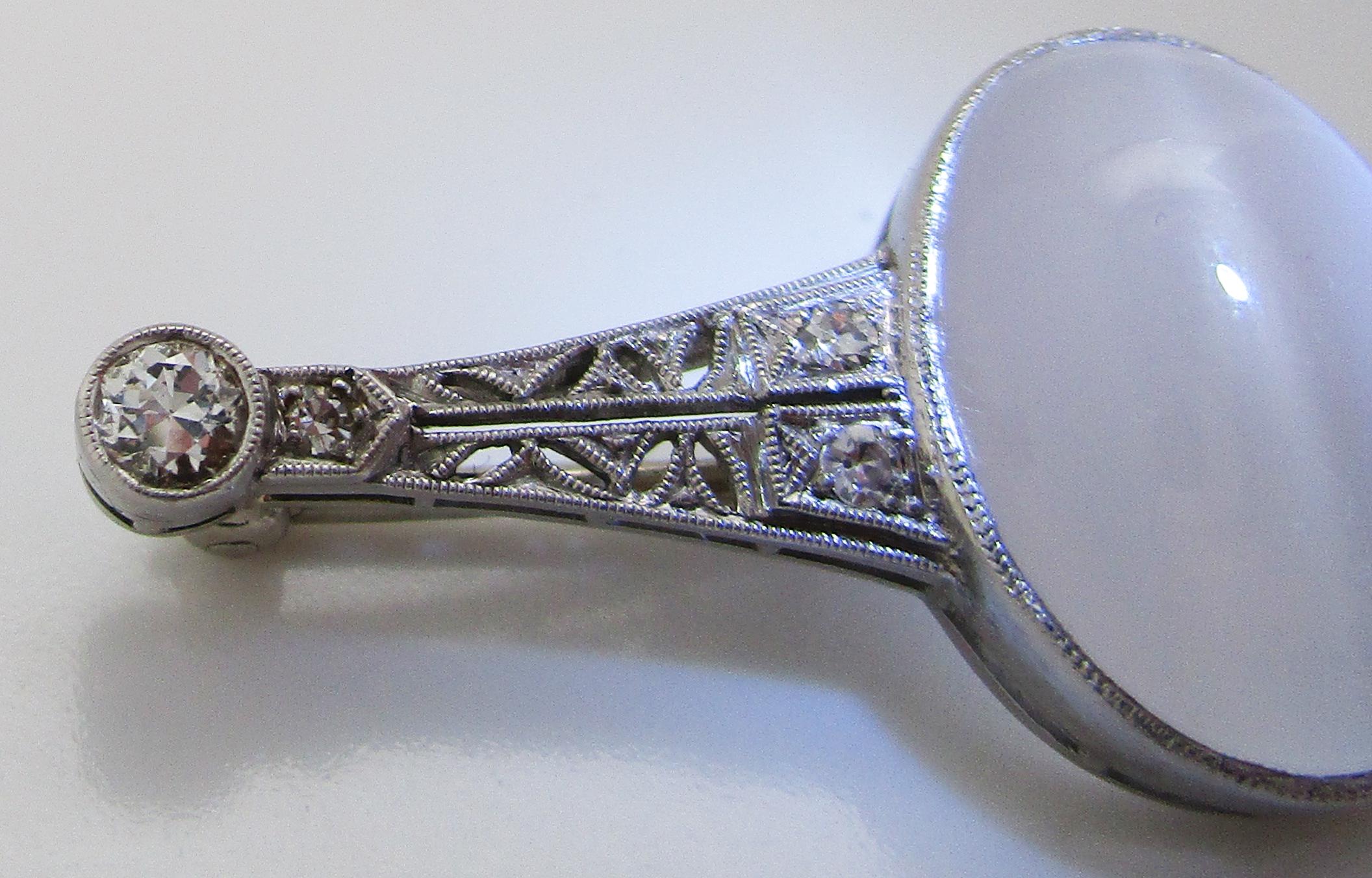 Edwardian Platinum Filigree Diamond and Cat’s Eye Moonstone Pin In Excellent Condition For Sale In Lexington, KY