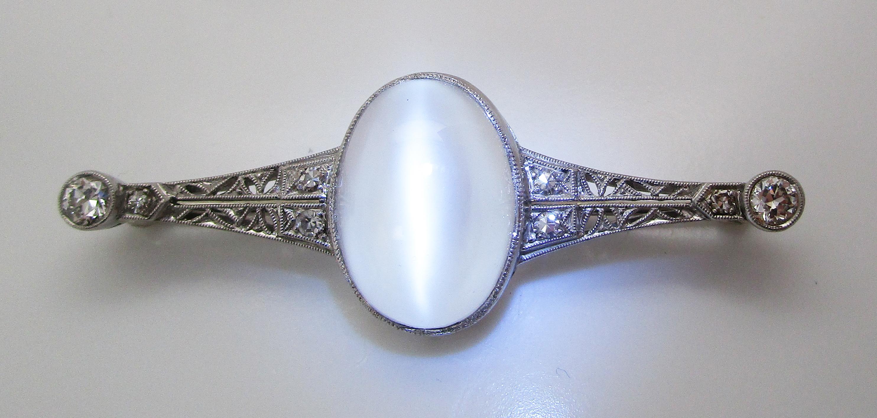 Women's or Men's Edwardian Platinum Filigree Diamond and Cat’s Eye Moonstone Pin