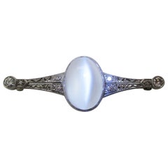 Antique Edwardian Platinum Filigree Diamond and Cat’s Eye Moonstone Pin