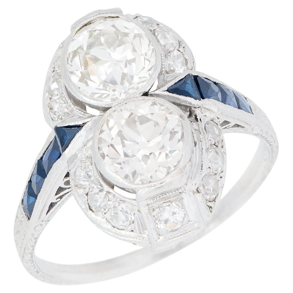 Edwardian Platinum French Diamond and Sapphire Ring