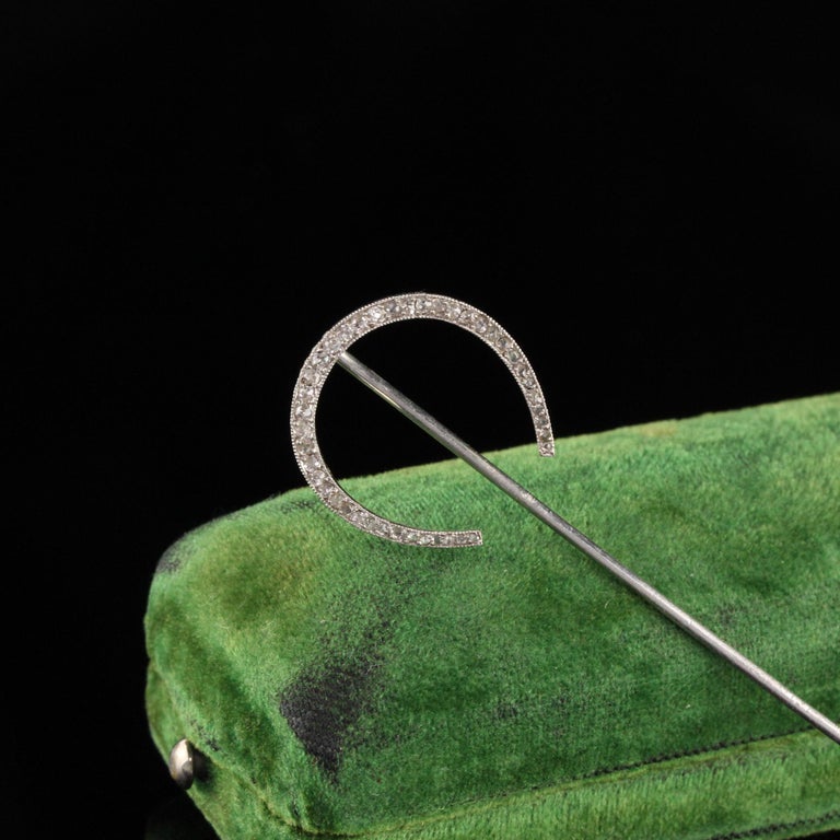 Edwardian Platinum French Horse Shoe Diamond Rose Cut Stick Pin In Good Condition For Sale In Great Neck, NY