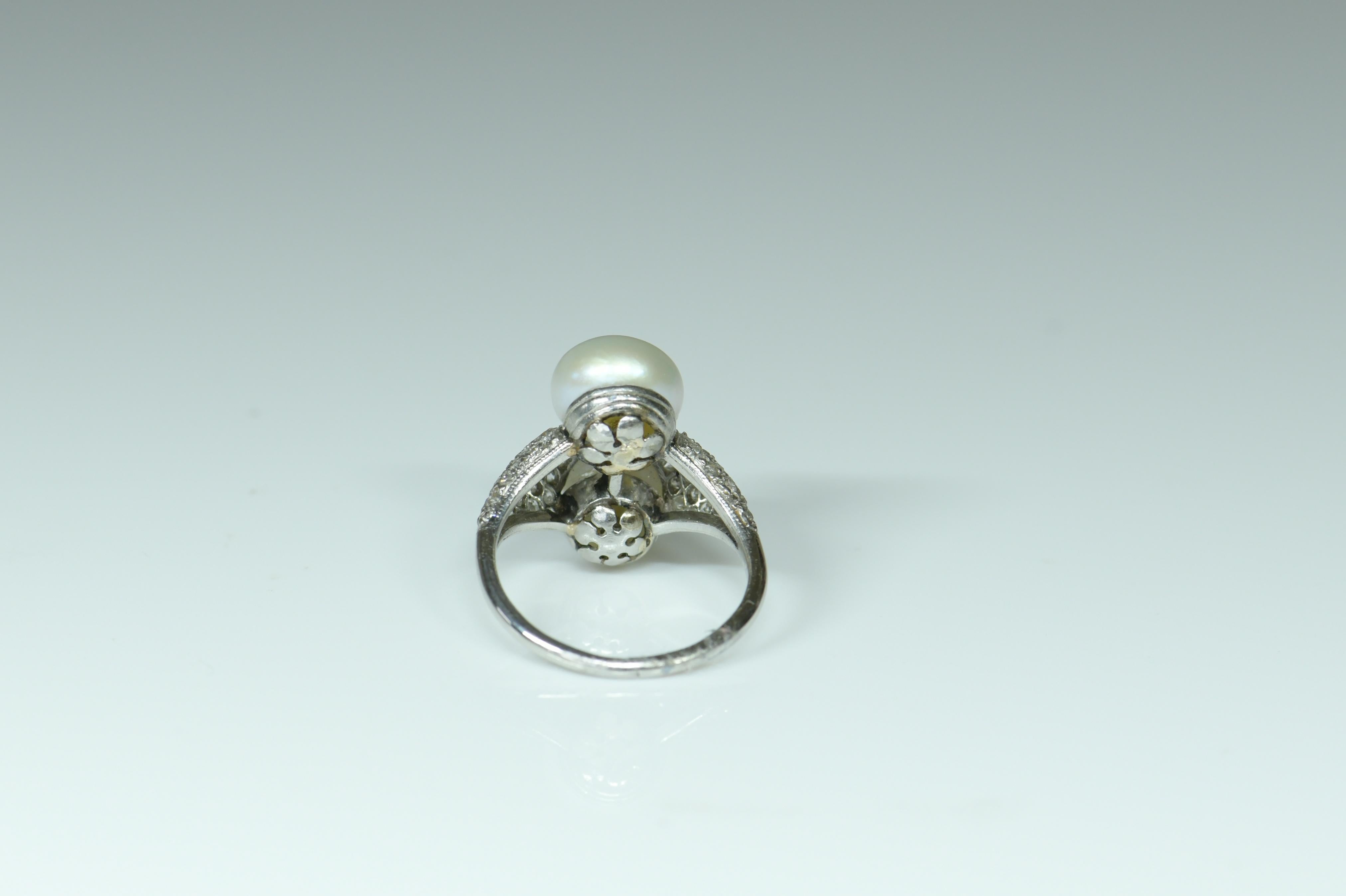 Women's or Men's Edwardian Platinum Natural Pearl and Diamond Ring For Sale