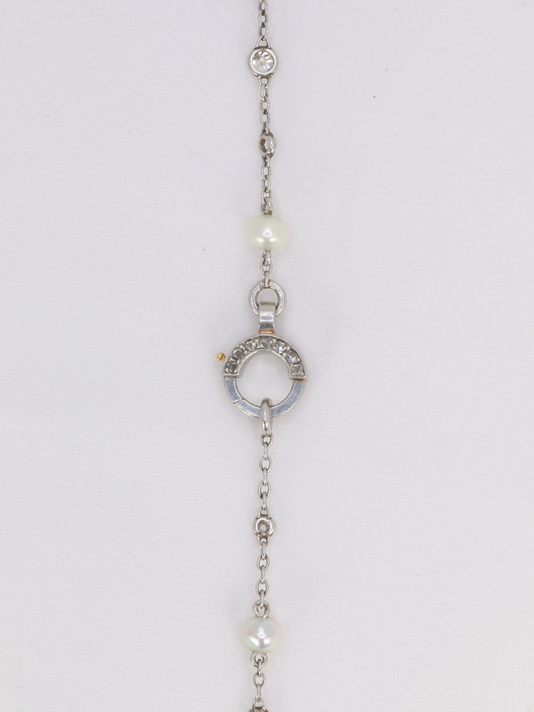 Collana lunga edoardiana in platino con perle naturali e diamanti in vendita 2