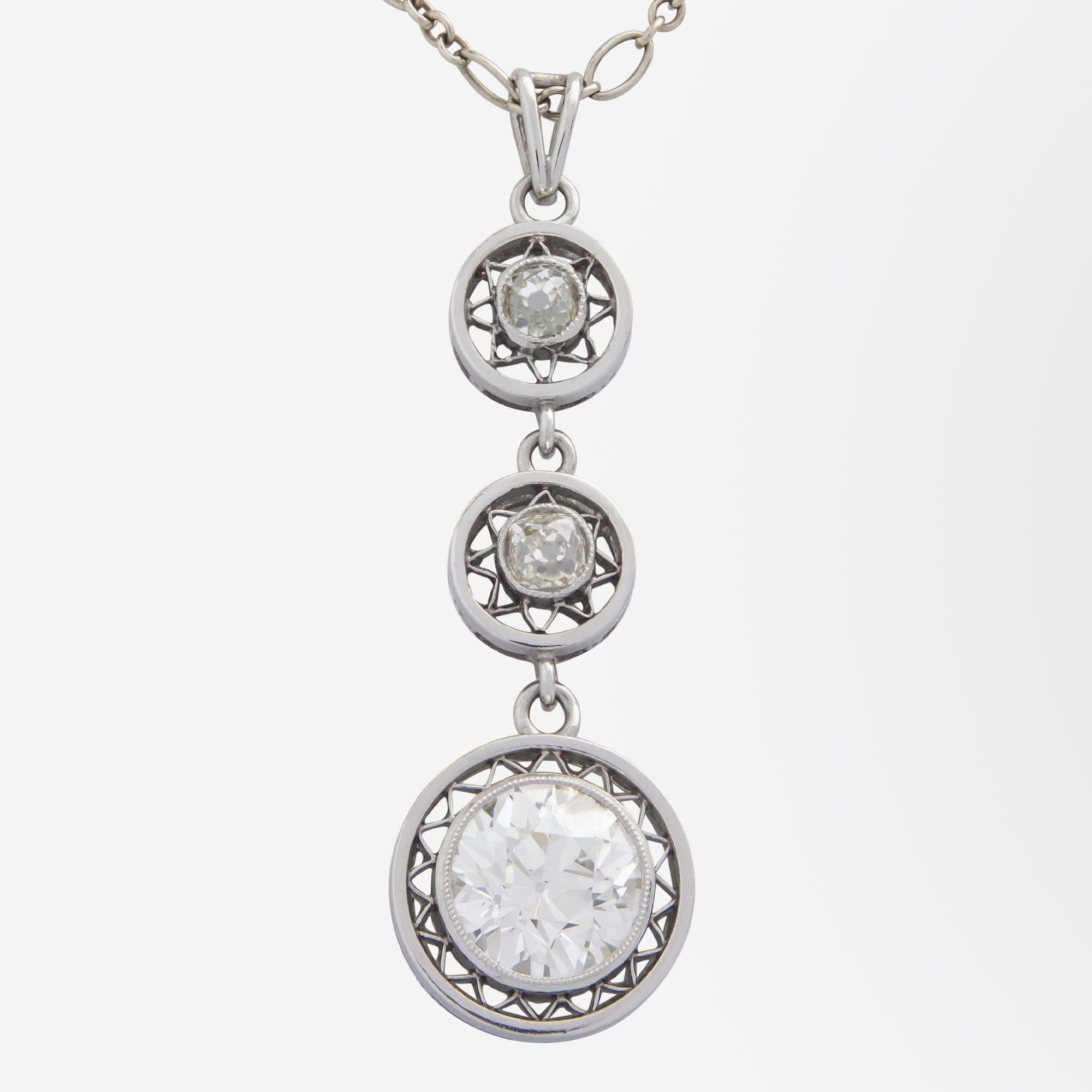 Art Nouveau Edwardian, Platinum & Old European Cut Diamond Lavalier Necklace For Sale