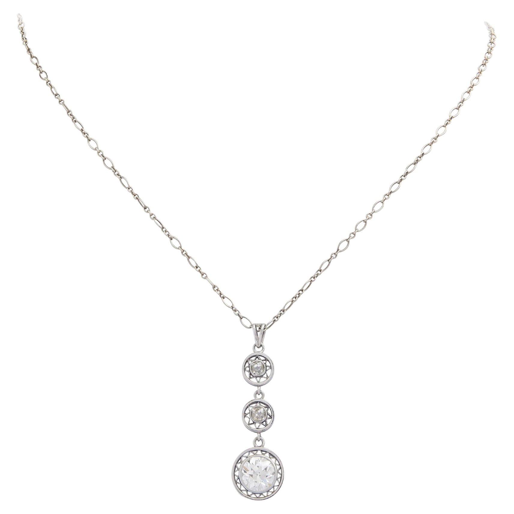 Edwardian, Platinum & Old European Cut Diamond Lavalier Necklace