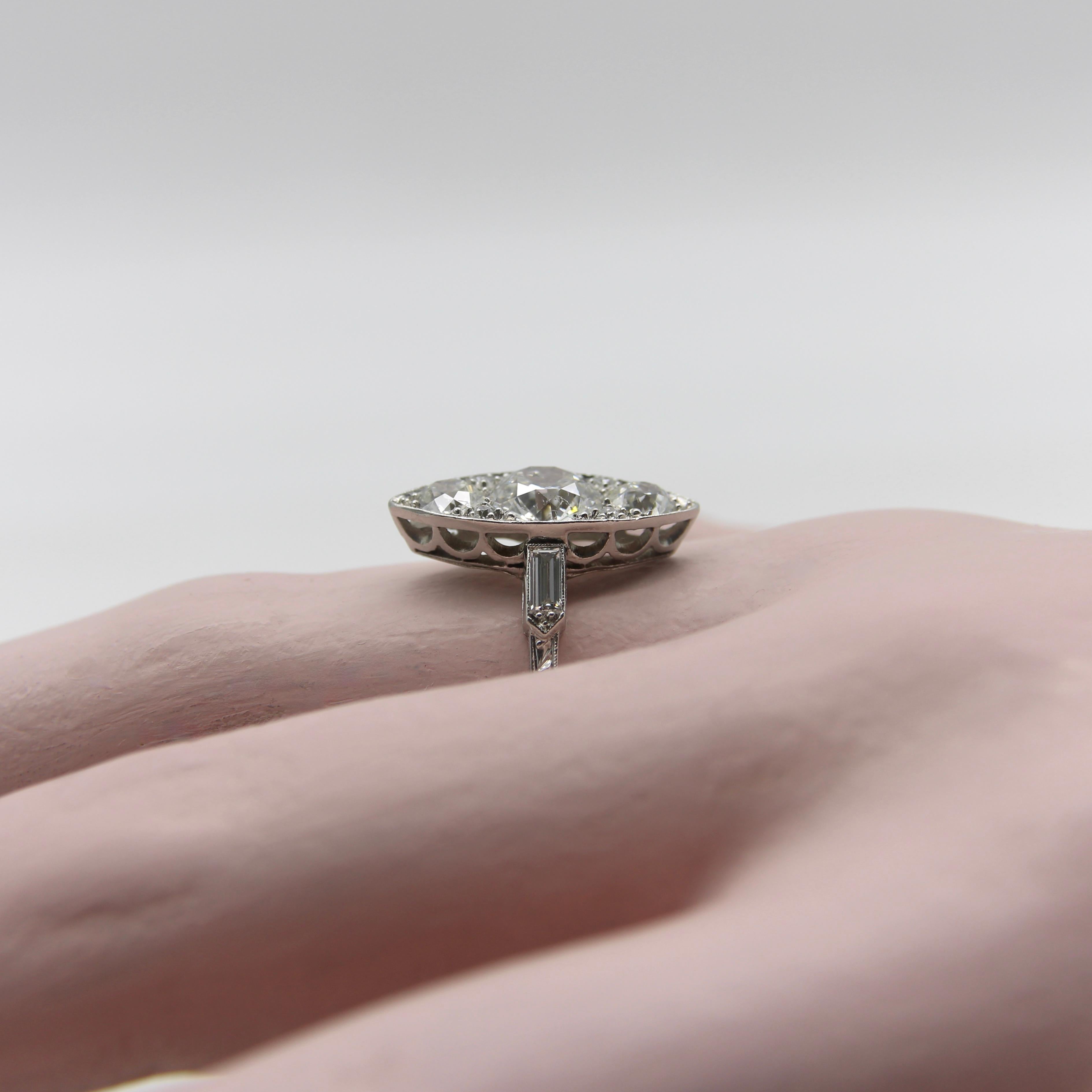 Edwardian Platinum Old European Cut Diamond Navette Shaped Ring  For Sale 6