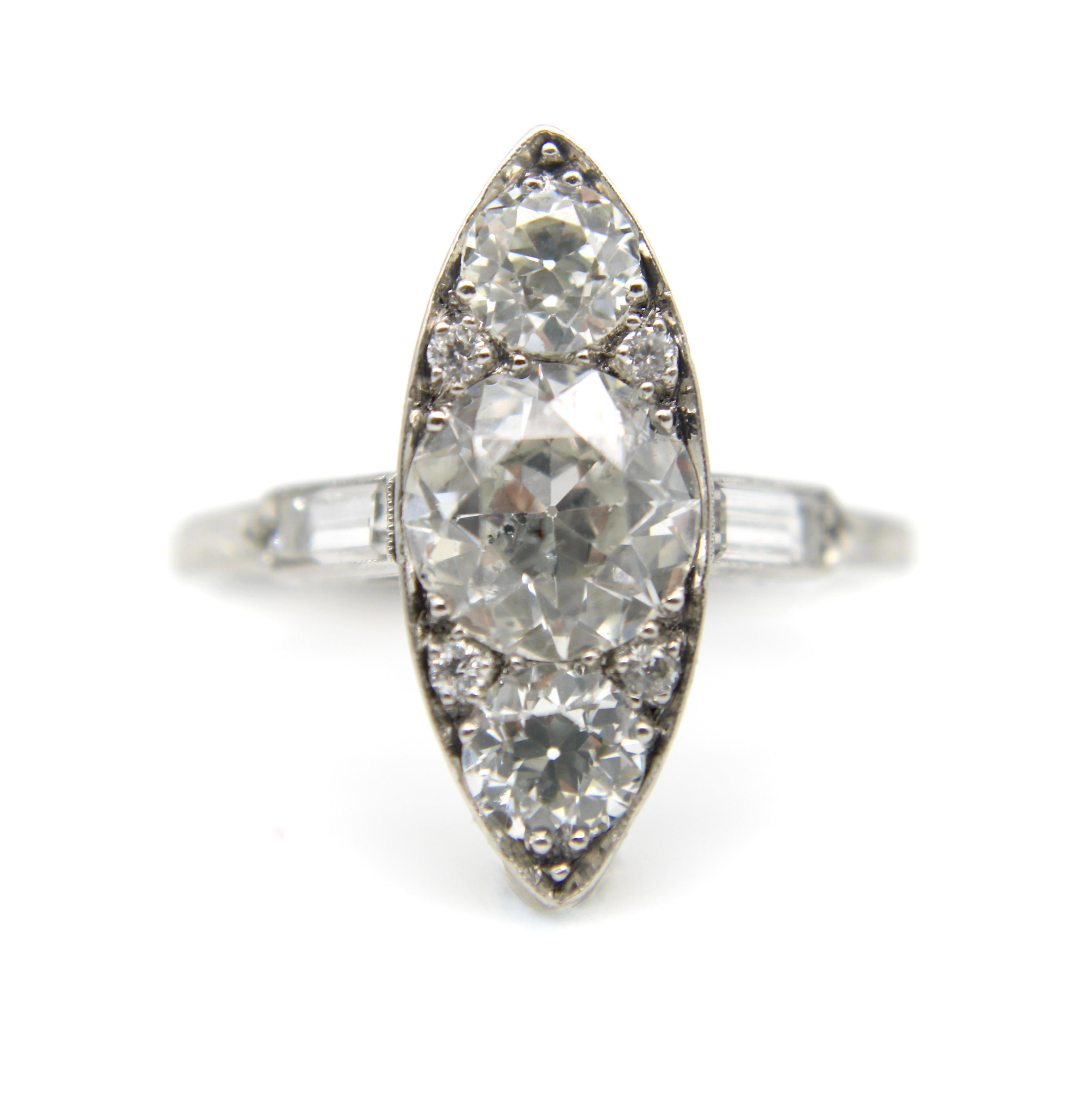 Edwardian Platinum Old European Cut Diamond Navette Shaped Ring  In Good Condition For Sale In Venice, CA
