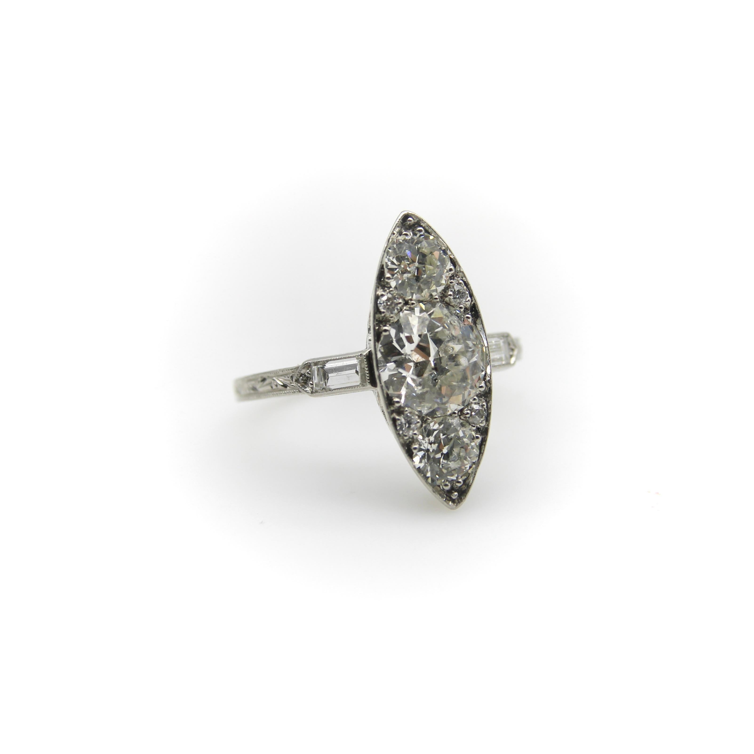 Women's or Men's Edwardian Platinum Old European Cut Diamond Navette Shaped Ring  For Sale
