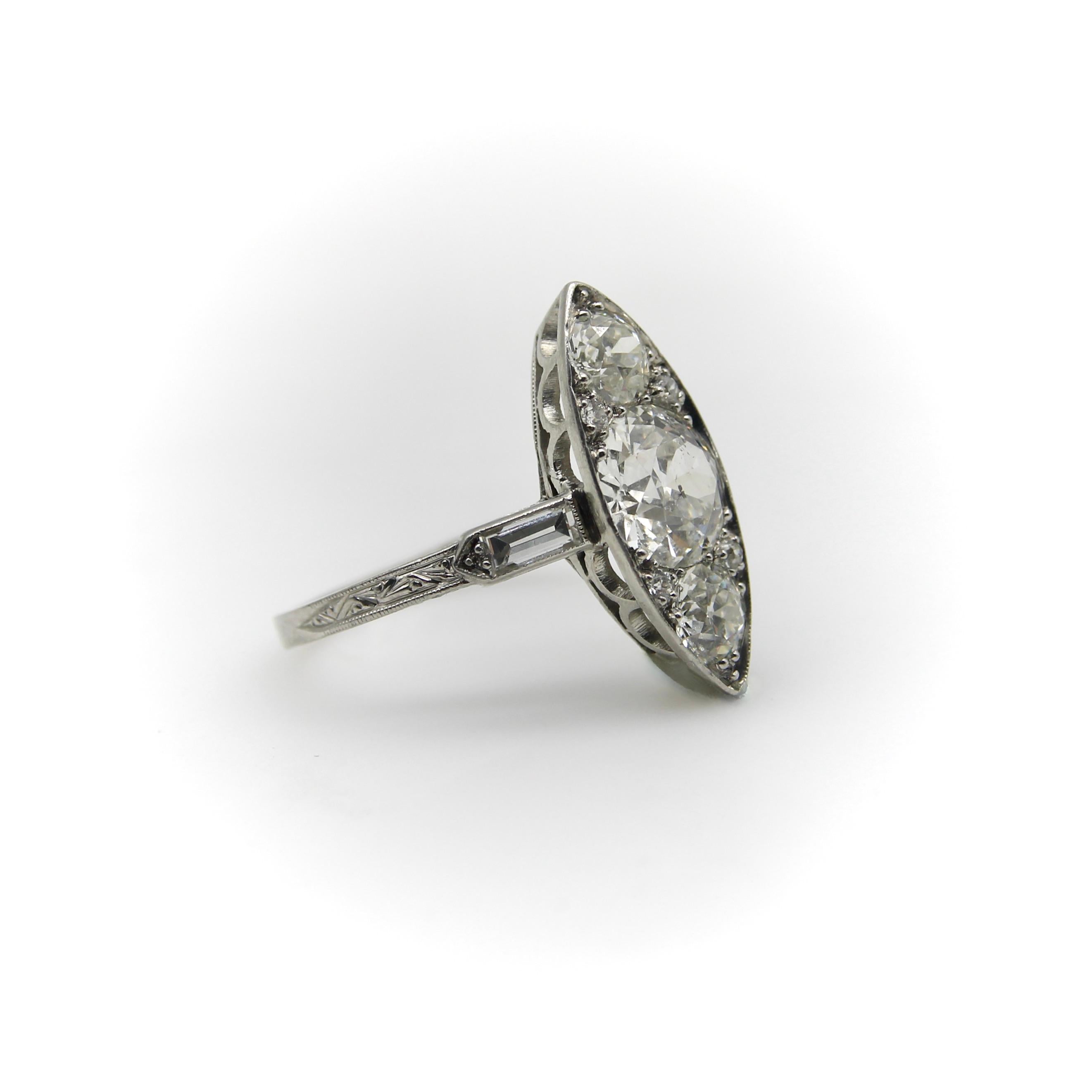 Edwardian Platinum Old European Cut Diamond Navette Shaped Ring  For Sale 1