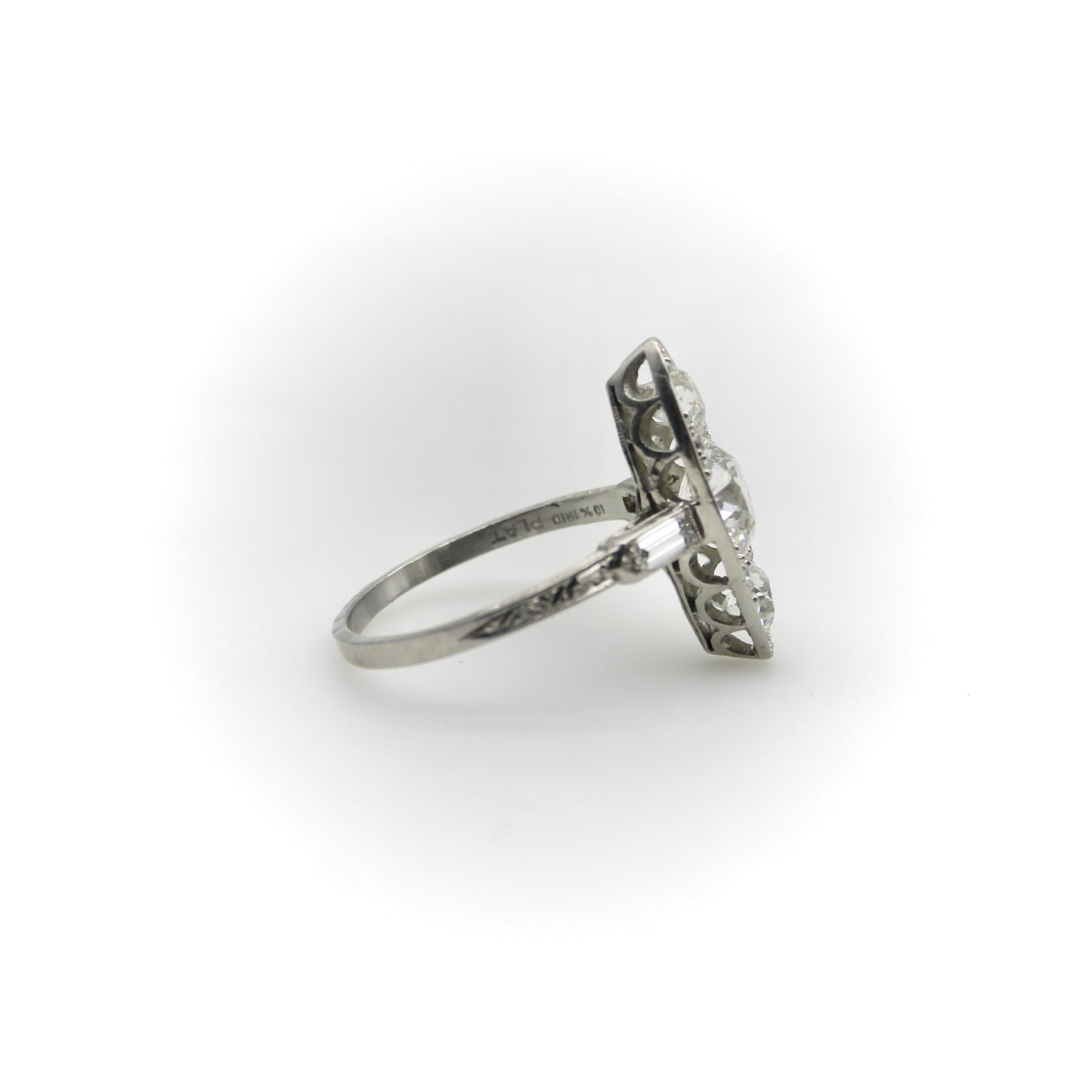 Edwardian Platinum Old European Cut Diamond Navette Shaped Ring  For Sale 2