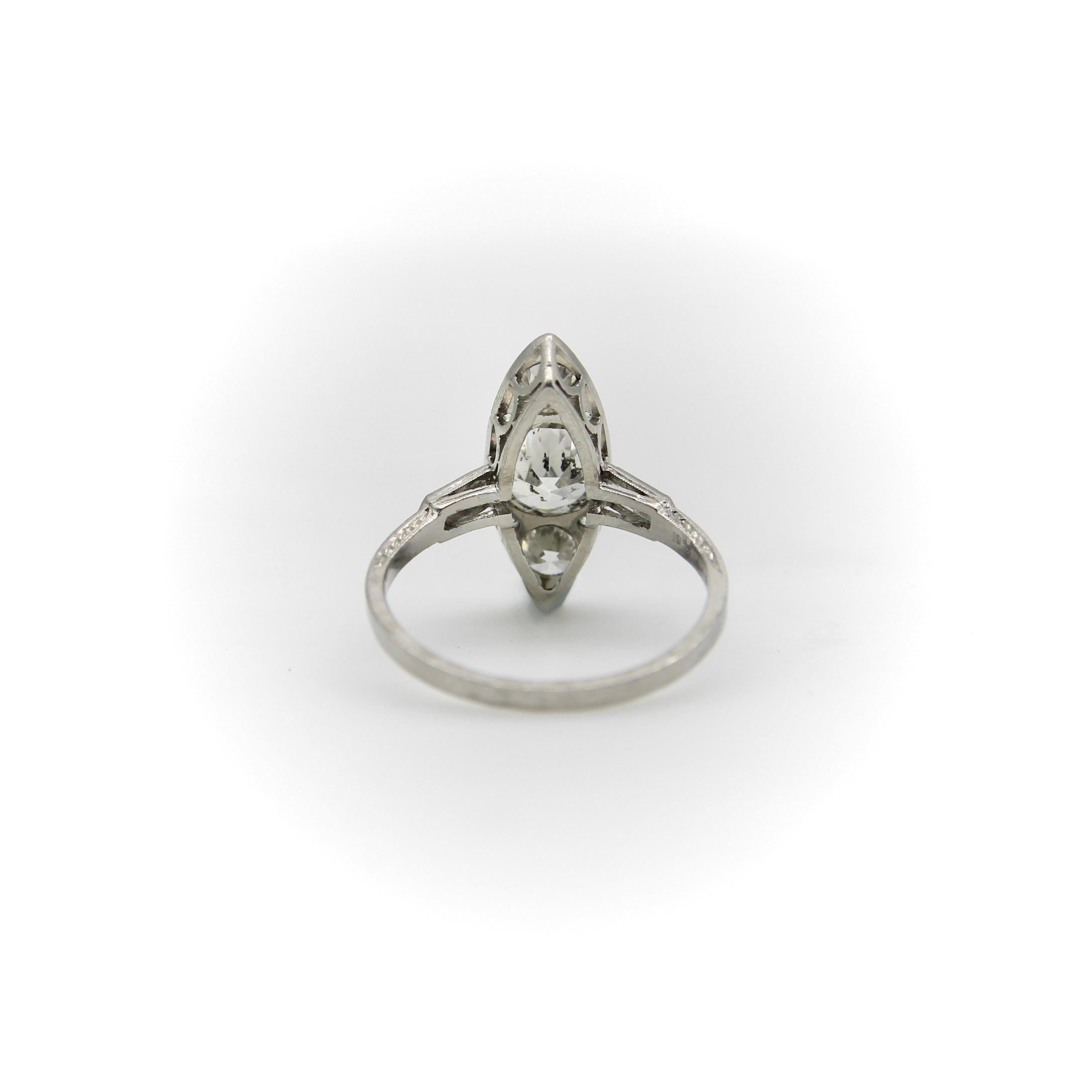 Edwardian Platinum Old European Cut Diamond Navette Shaped Ring  For Sale 3