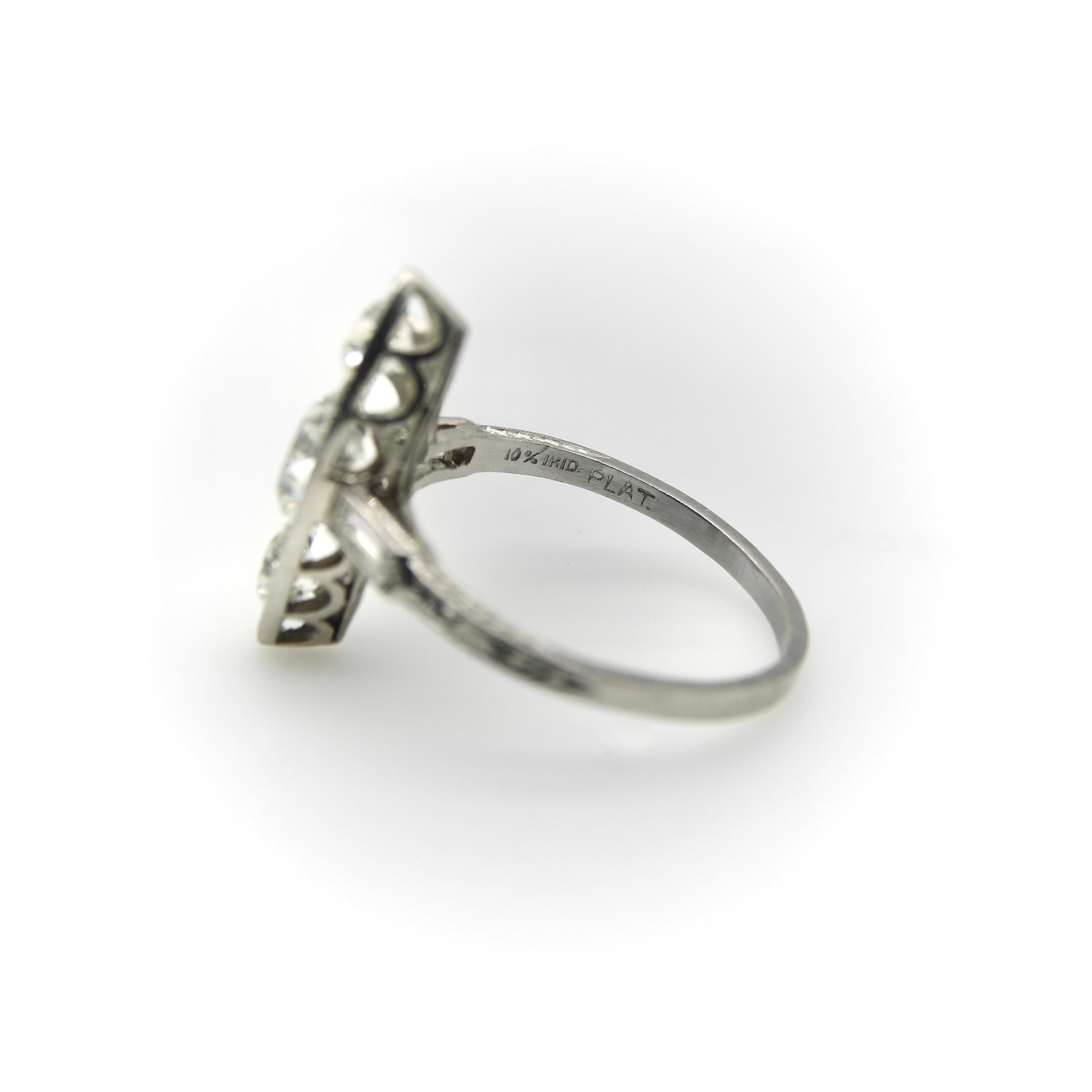 Edwardian Platinum Old European Cut Diamond Navette Shaped Ring  For Sale 4