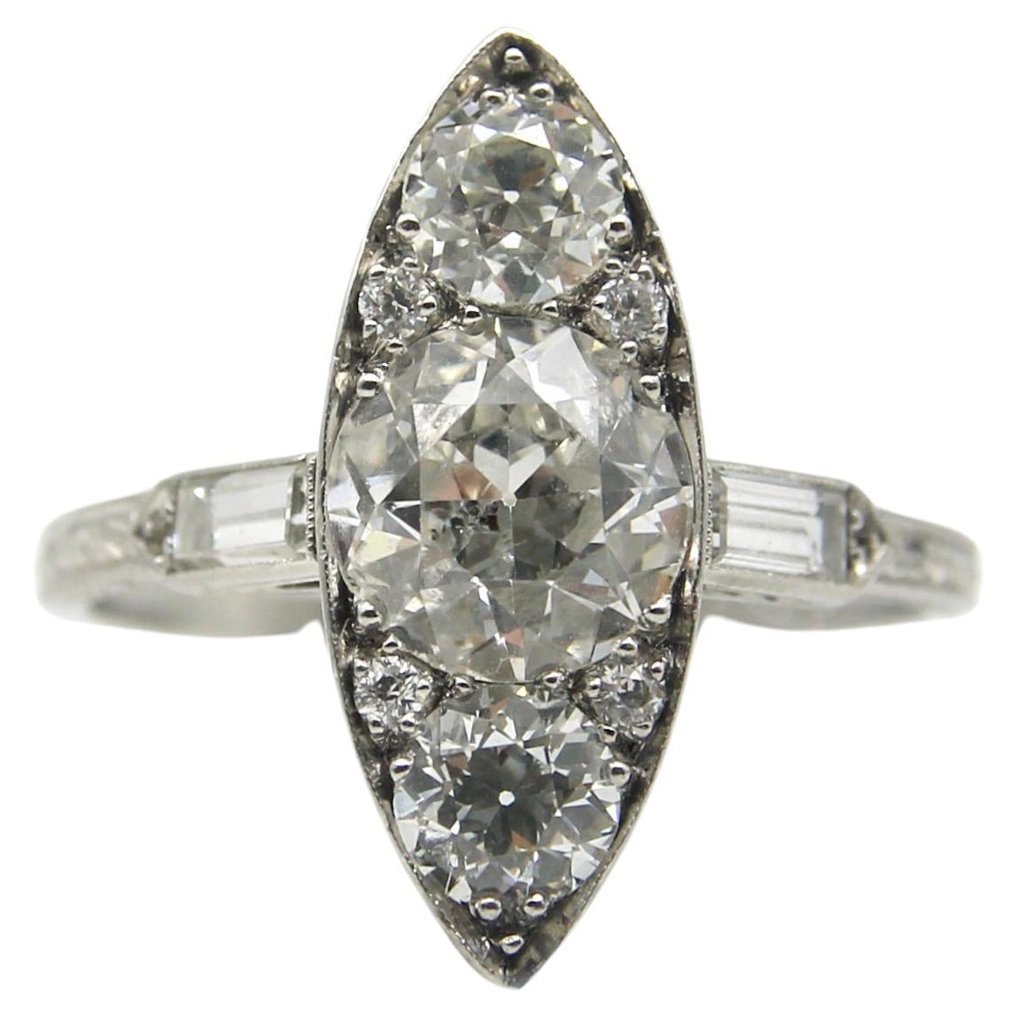 Edwardian Platinum Old European Cut Diamond Navette Shaped Ring  For Sale
