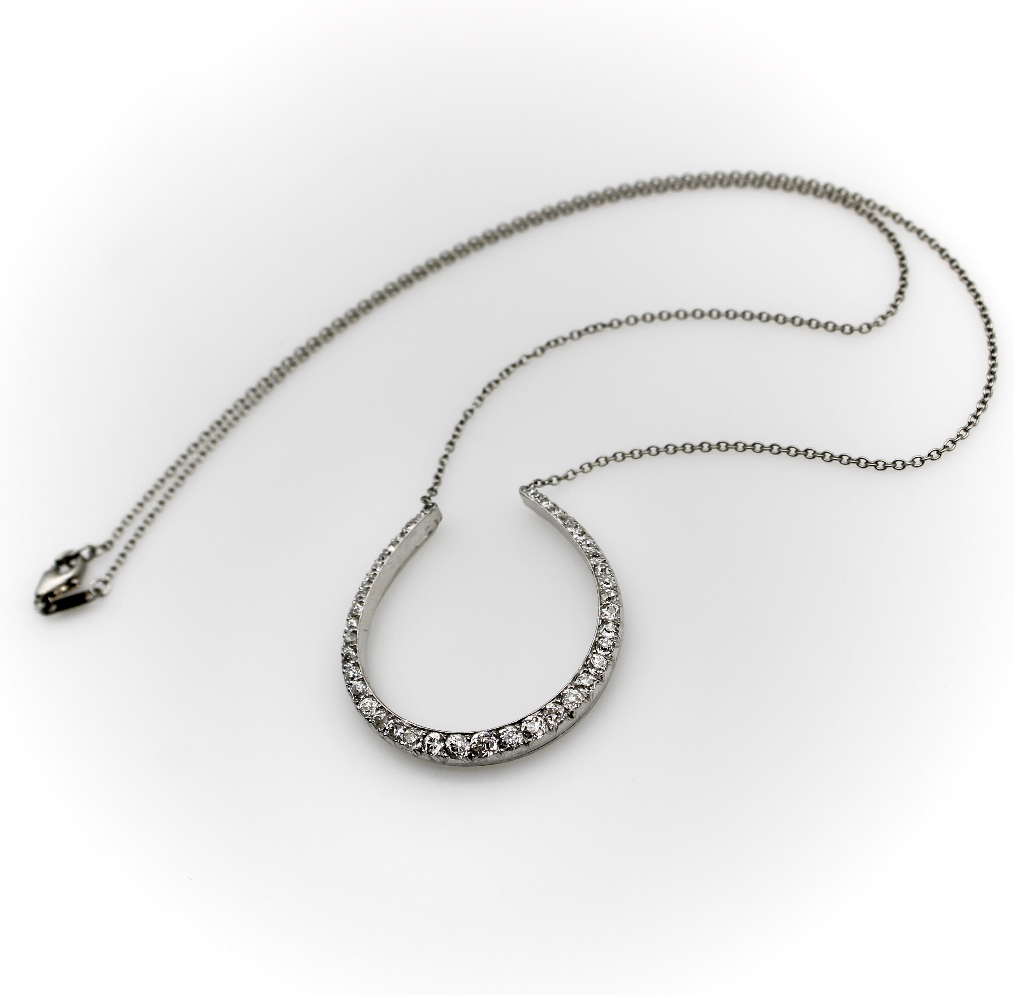 Women's or Men's Edwardian Platinum Old Mine Cut Diamond Horse Shoe Necklace For Sale