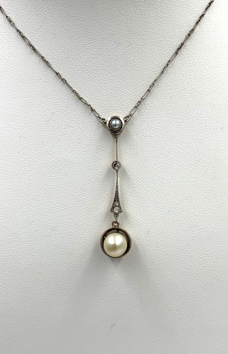 Women's Edwardian Platinum Old Mine Rose Cut Diamond Pearl Pendant Necklace Edwardian For Sale