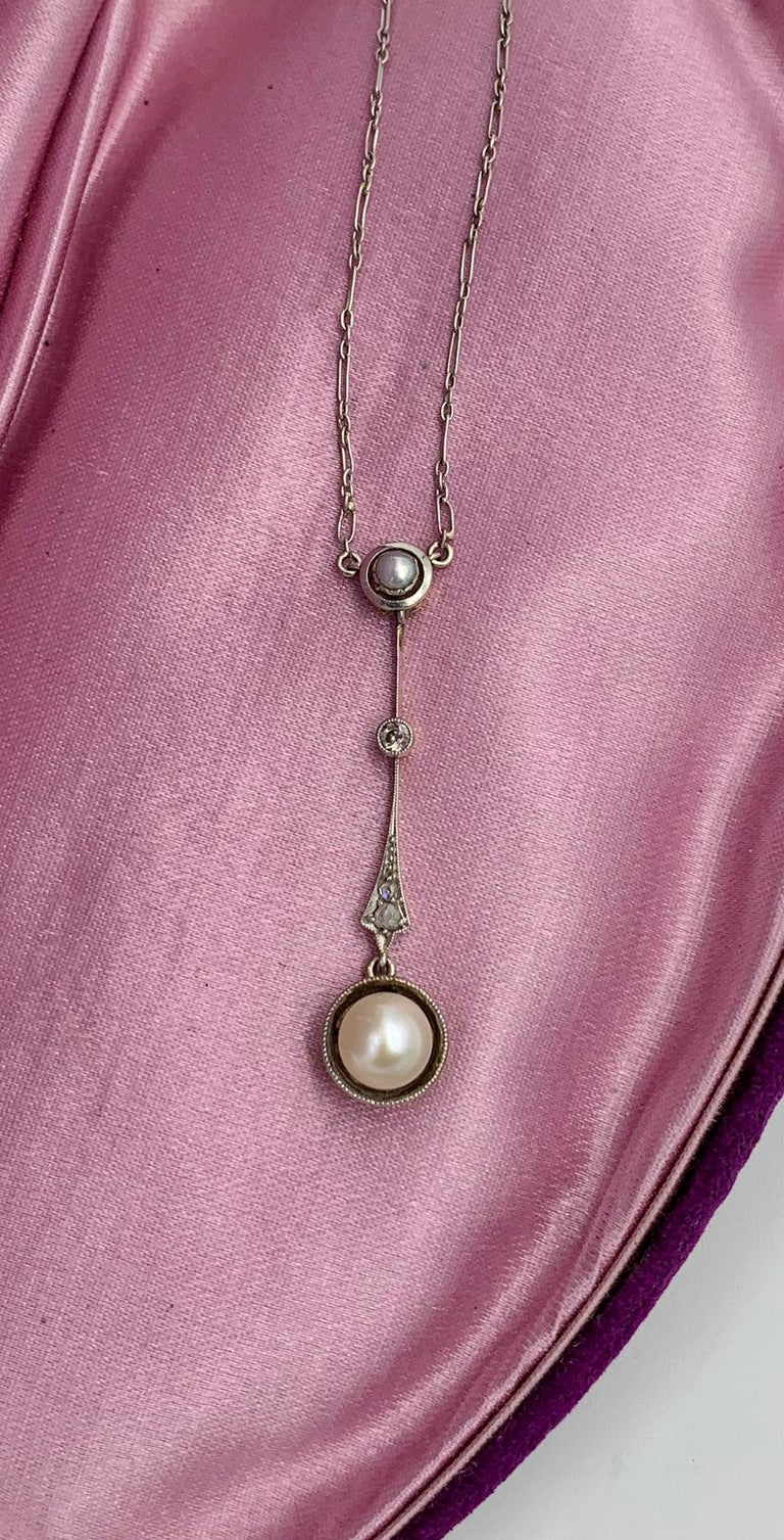 Edwardian Platinum Old Mine Rose Cut Diamond Pearl Pendant Necklace Edwardian For Sale 1