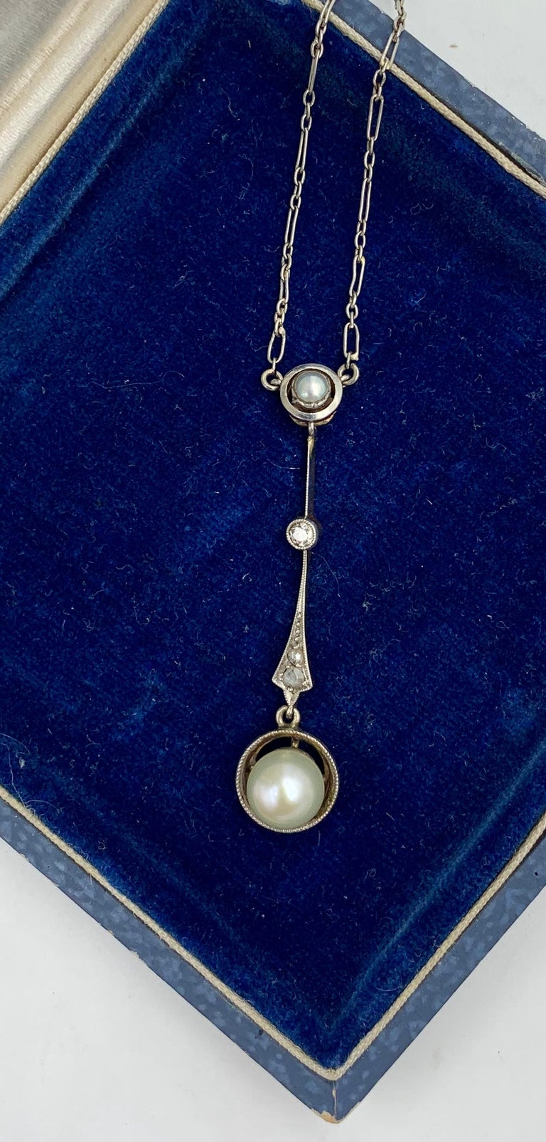Edwardian Platinum Old Mine Rose Cut Diamond Pearl Pendant Necklace Edwardian For Sale 2