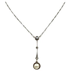 Edwardian Platinum Old Mine Rose Cut Diamond Pearl Pendant Necklace Edwardian