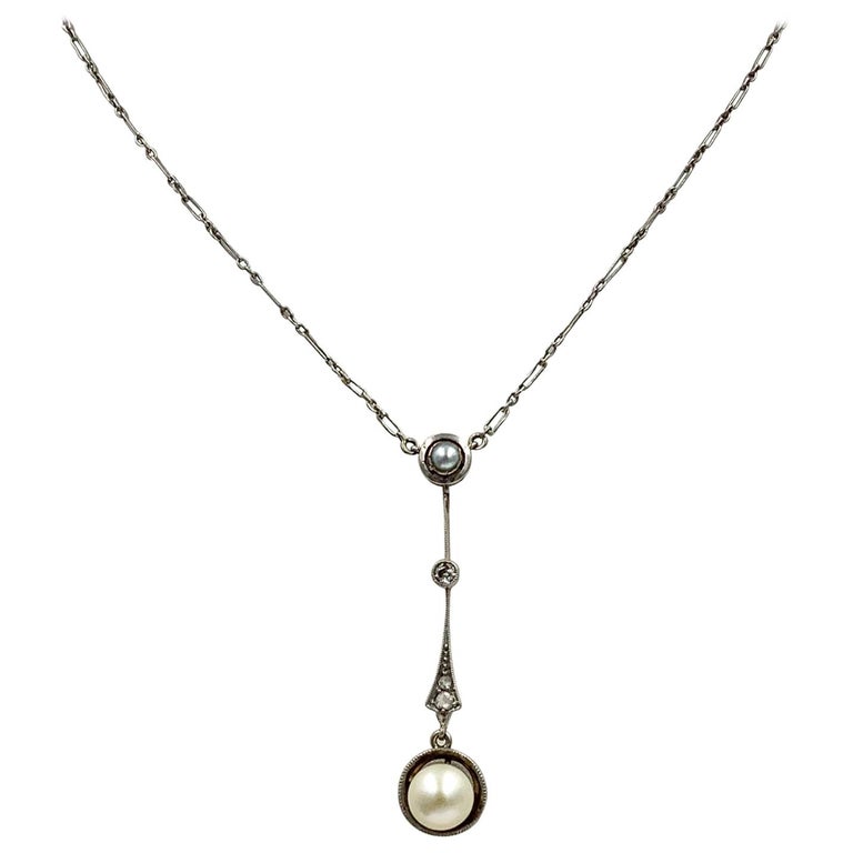 Edwardian Platinum Old Mine Rose Cut Diamond Pearl Pendant Necklace Edwardian For Sale