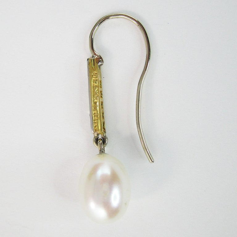 Women's Edwardian Platinum over 18 Karat Yellow Gold Diamond Pearl Drop Earrings For Sale
