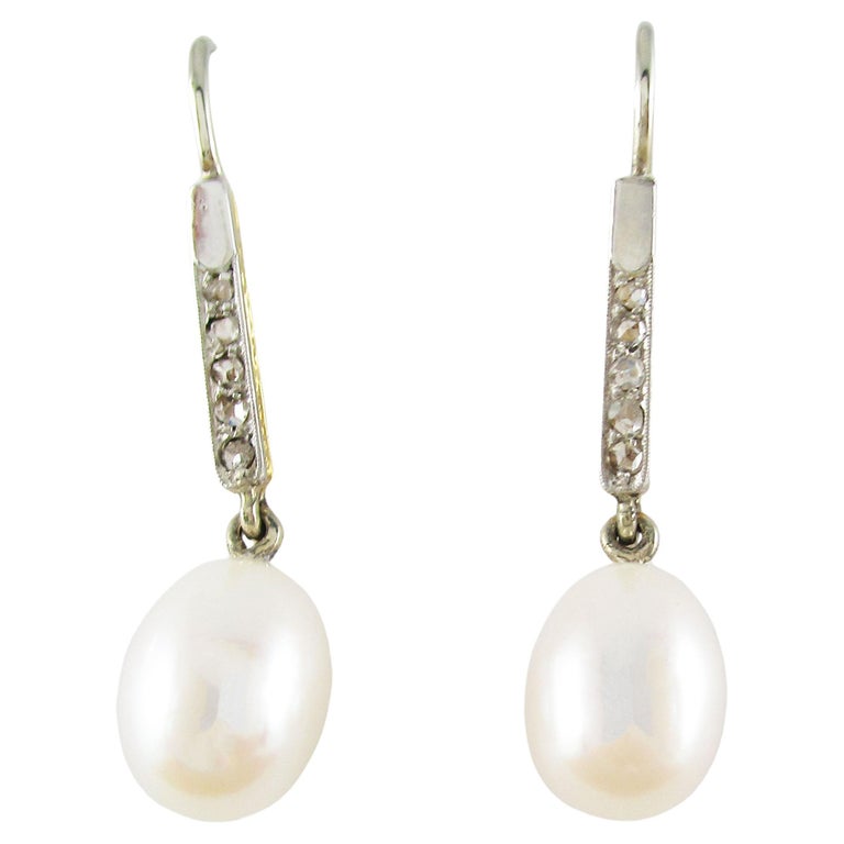 Edwardian Platinum over 18 Karat Yellow Gold Diamond Pearl Drop Earrings For Sale