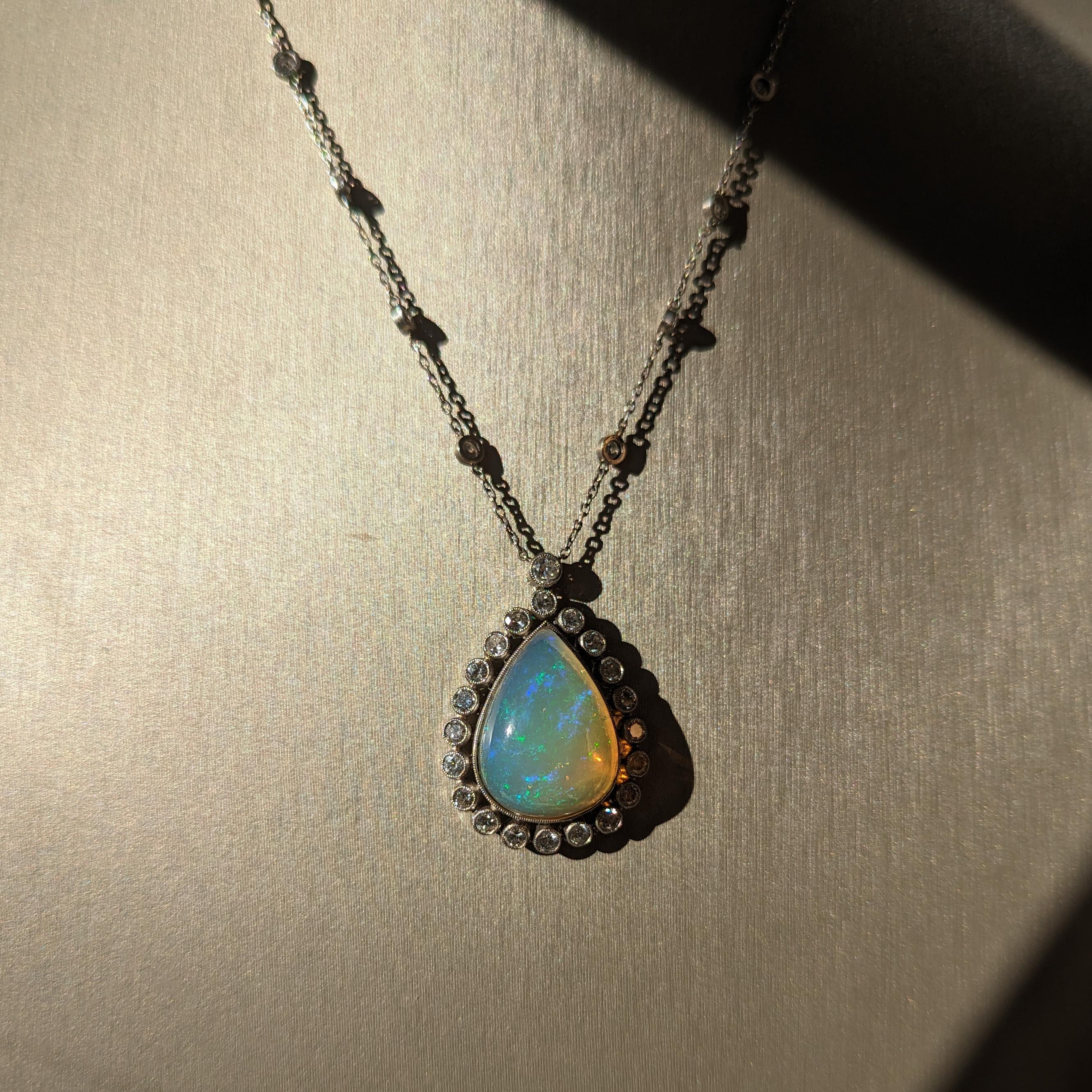 Women's or Men's Edwardian Platinum Pear Shape Opal and Diamond Necklace For Sale