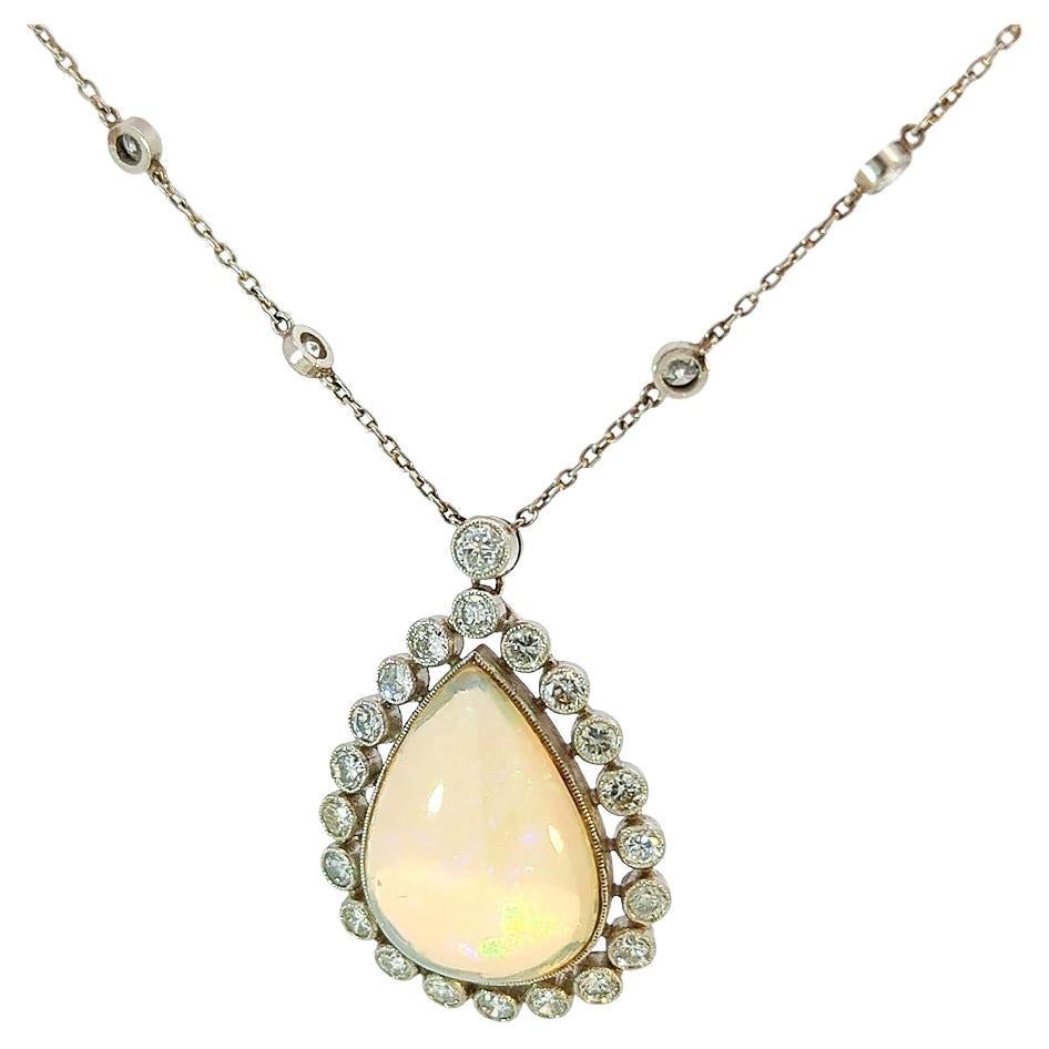 Edwardian Platinum Pear Shape Opal and Diamond Necklace For Sale