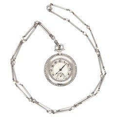 Edwardian Platinum Pendant Watch with Diamond and Pearl Platinum Chain