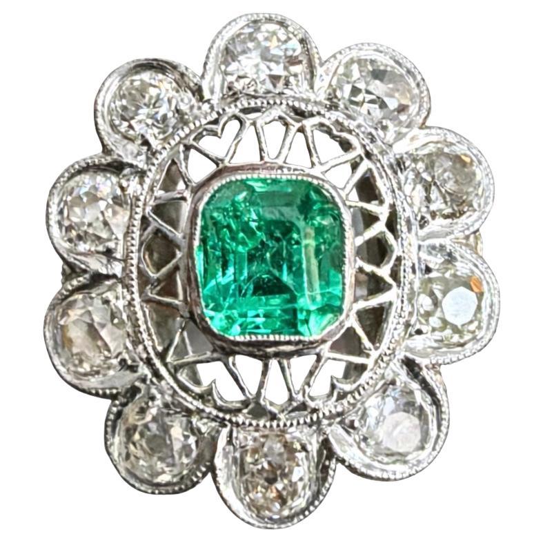 Edwardian Platinum Ring - 1.10ct Colombian Emerald 
Old Cut Diamonds For Sale