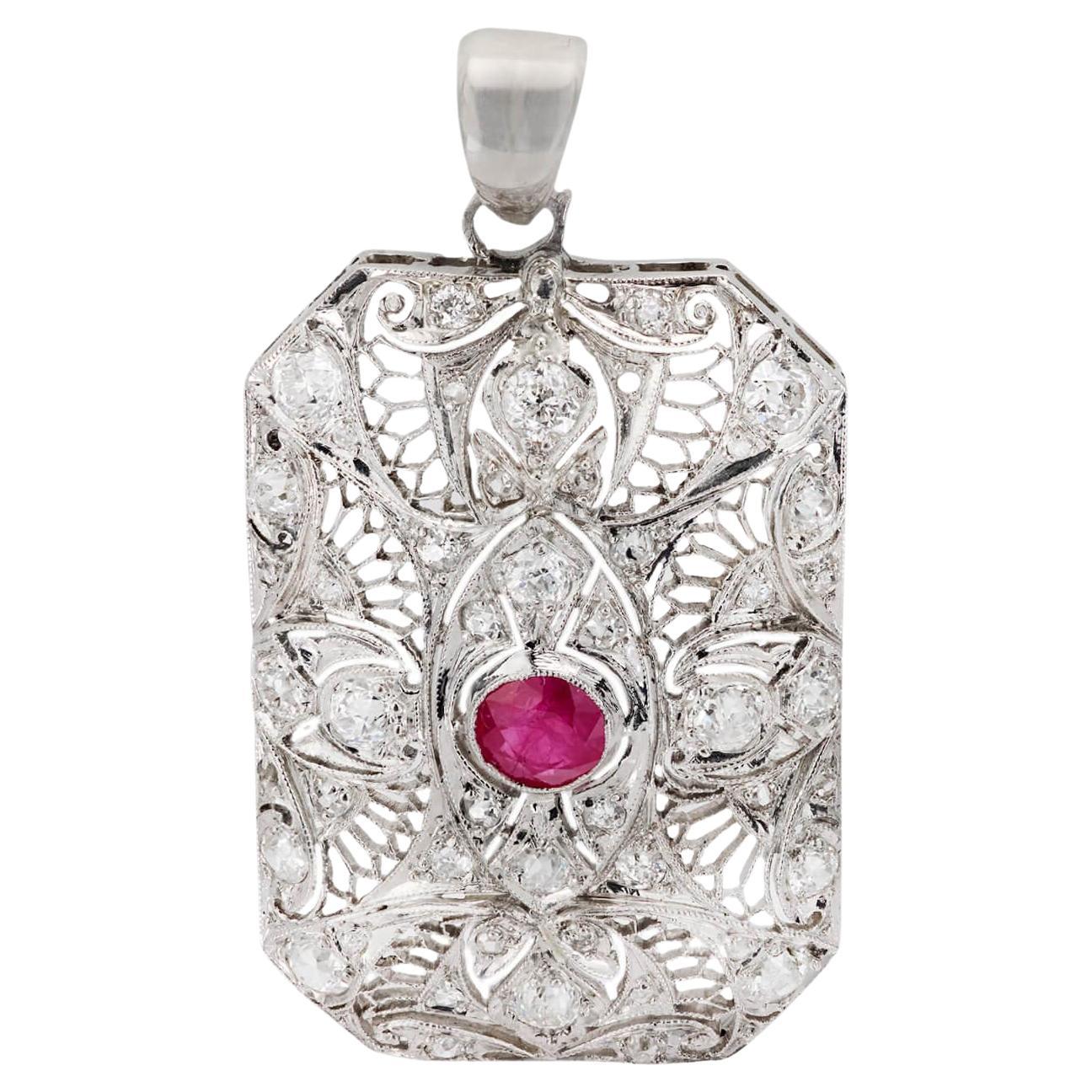 Edwardian Platinum Ruby and Diamond Pendant