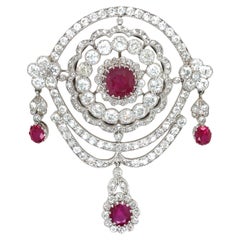 Edwardian Platinum Ruby Diamond Brooch, SSEF