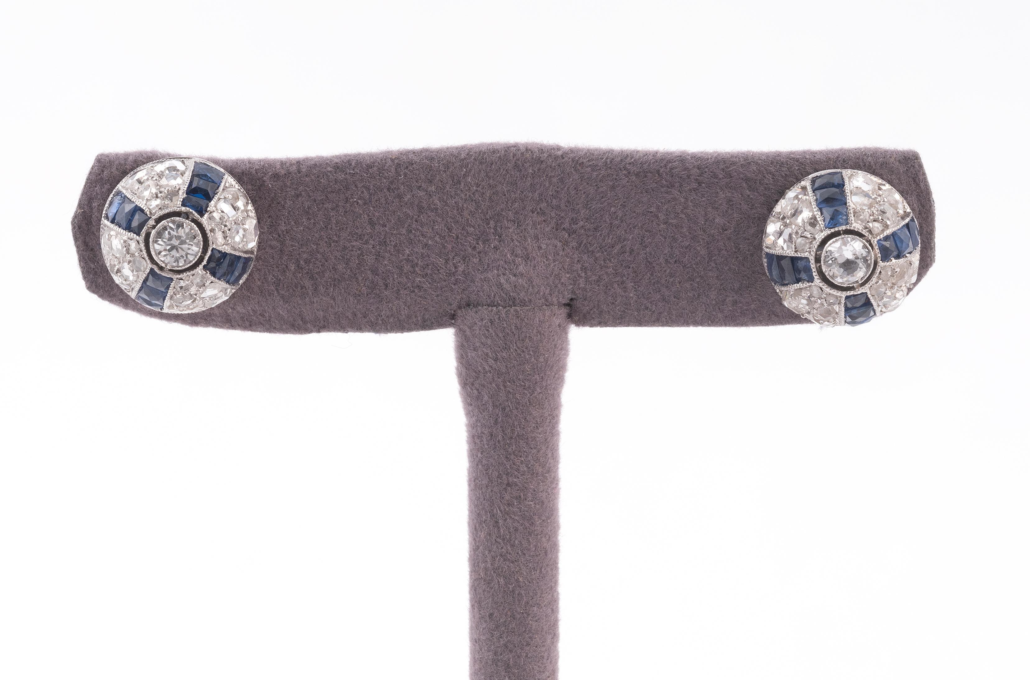 Baguette Cut Edwardian Platinum Sapphire and Diamond Ear Studs