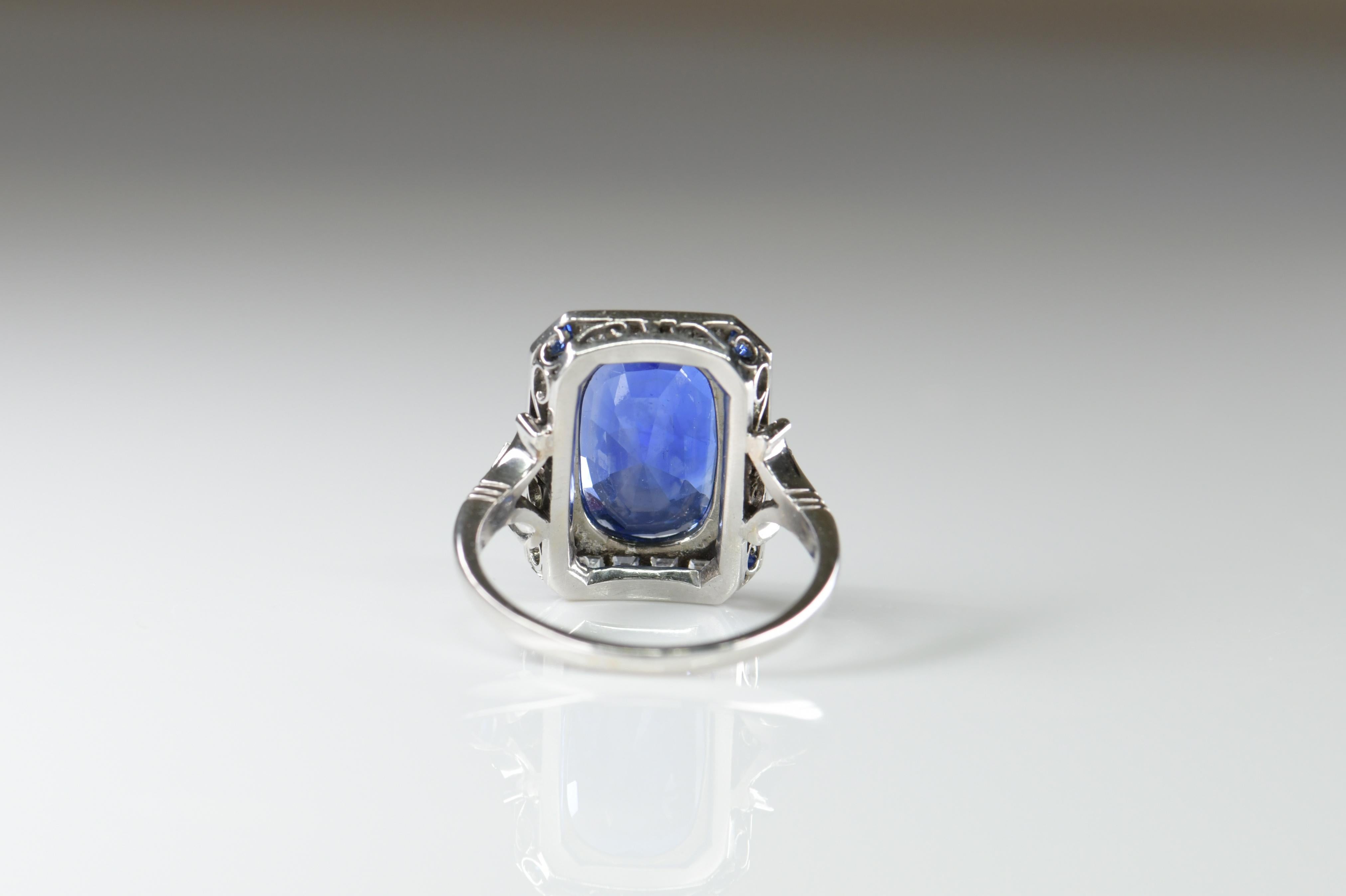 Antique Cushion Cut Edwardian Platinum Sapphire and Diamond Ring For Sale