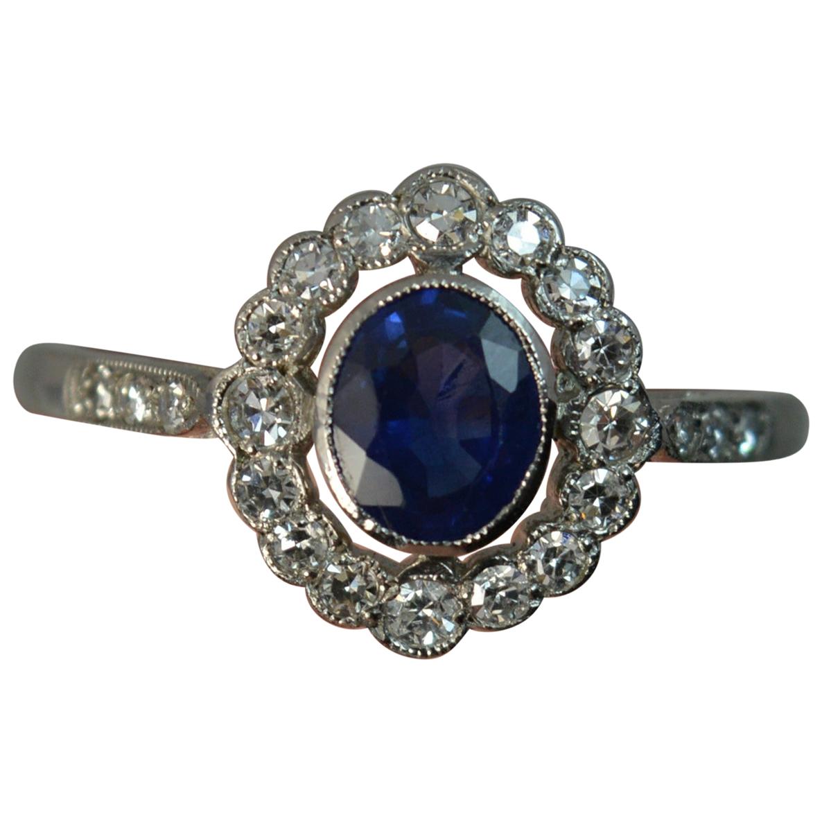 Edwardian Platinum Sapphire Diamond Halo Engagement Cluster Ring