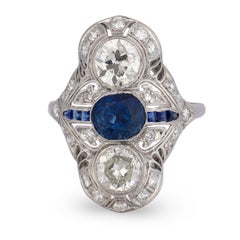 Edwardian Platinum Sapphire & Diamond Navette Ring