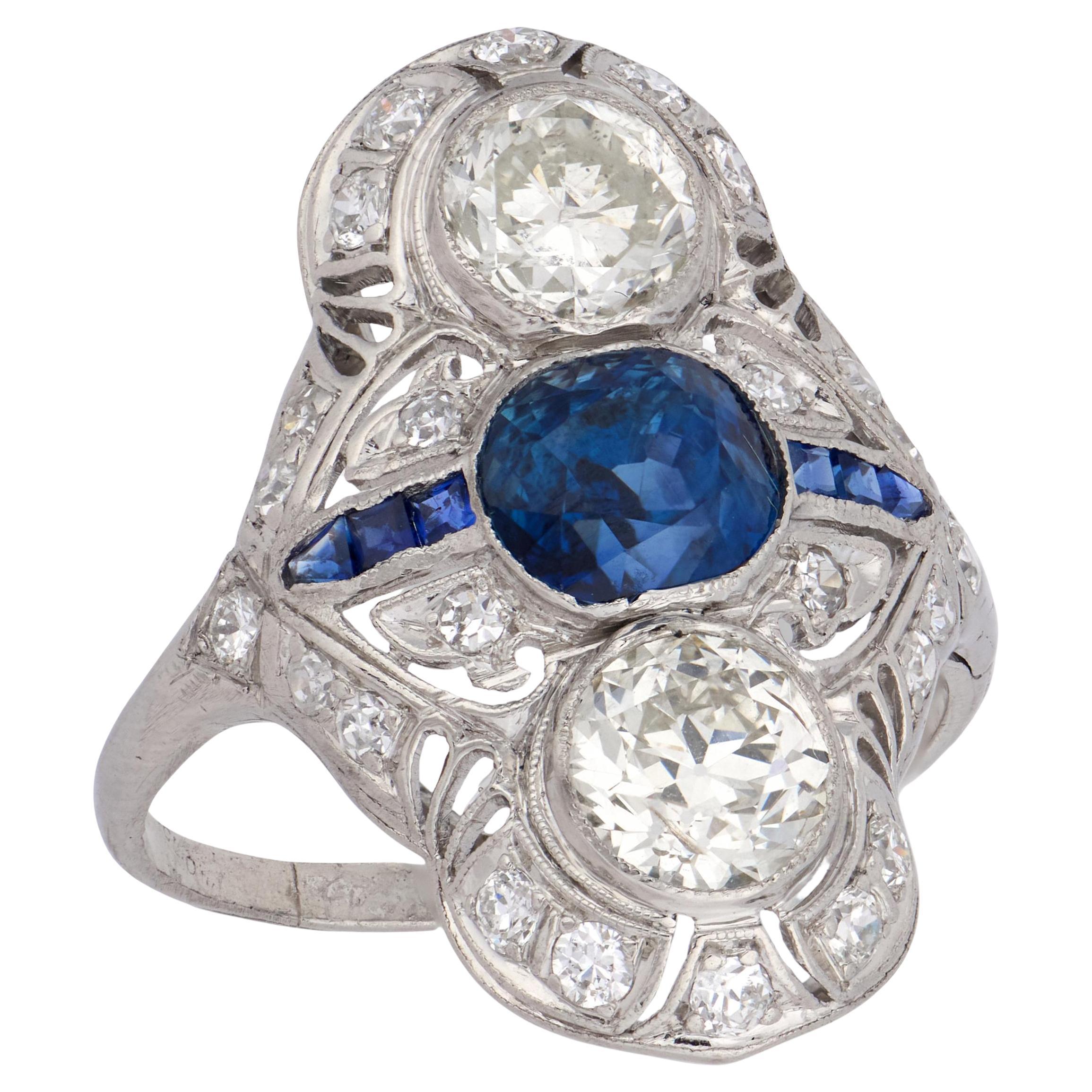 Edwardian Platinum Sapphire & Diamond Navette Ring For Sale