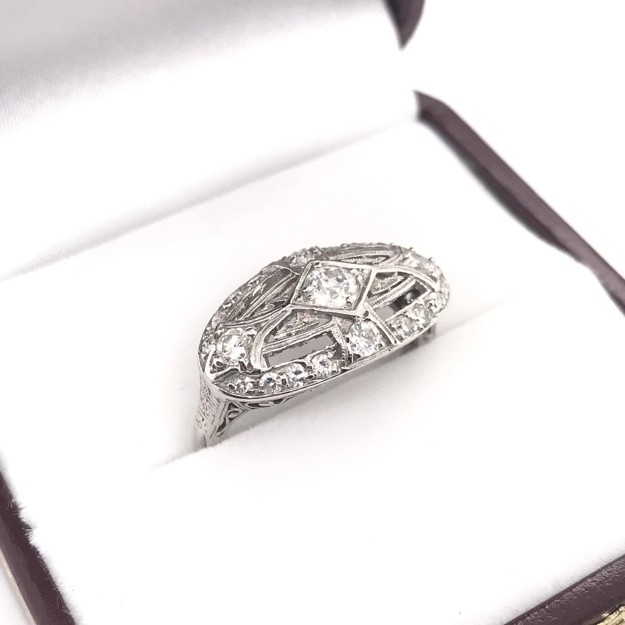 Edwardian Platinum Shield Style Filigree Ring 2