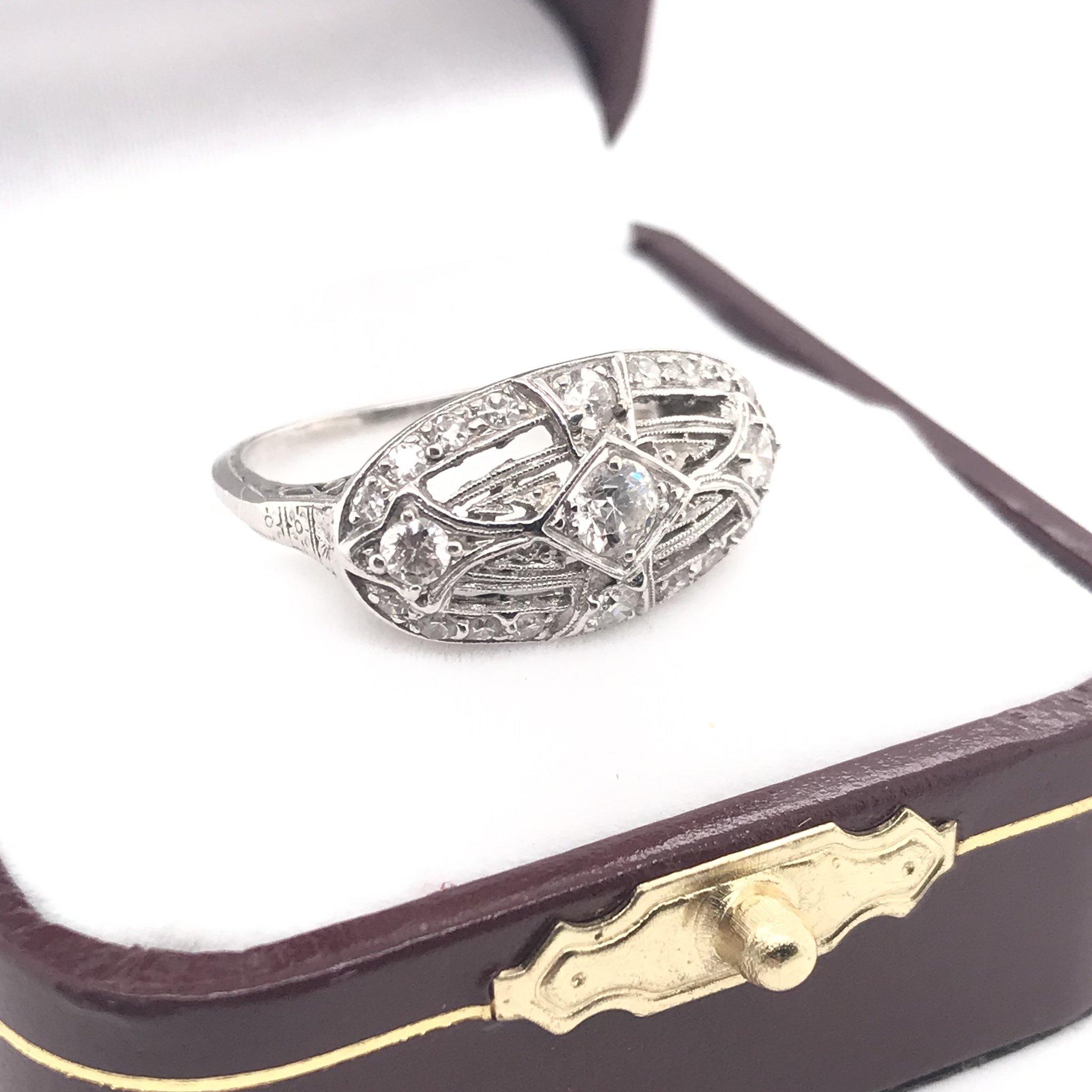 Edwardian Platinum Shield Style Filigree Ring 4