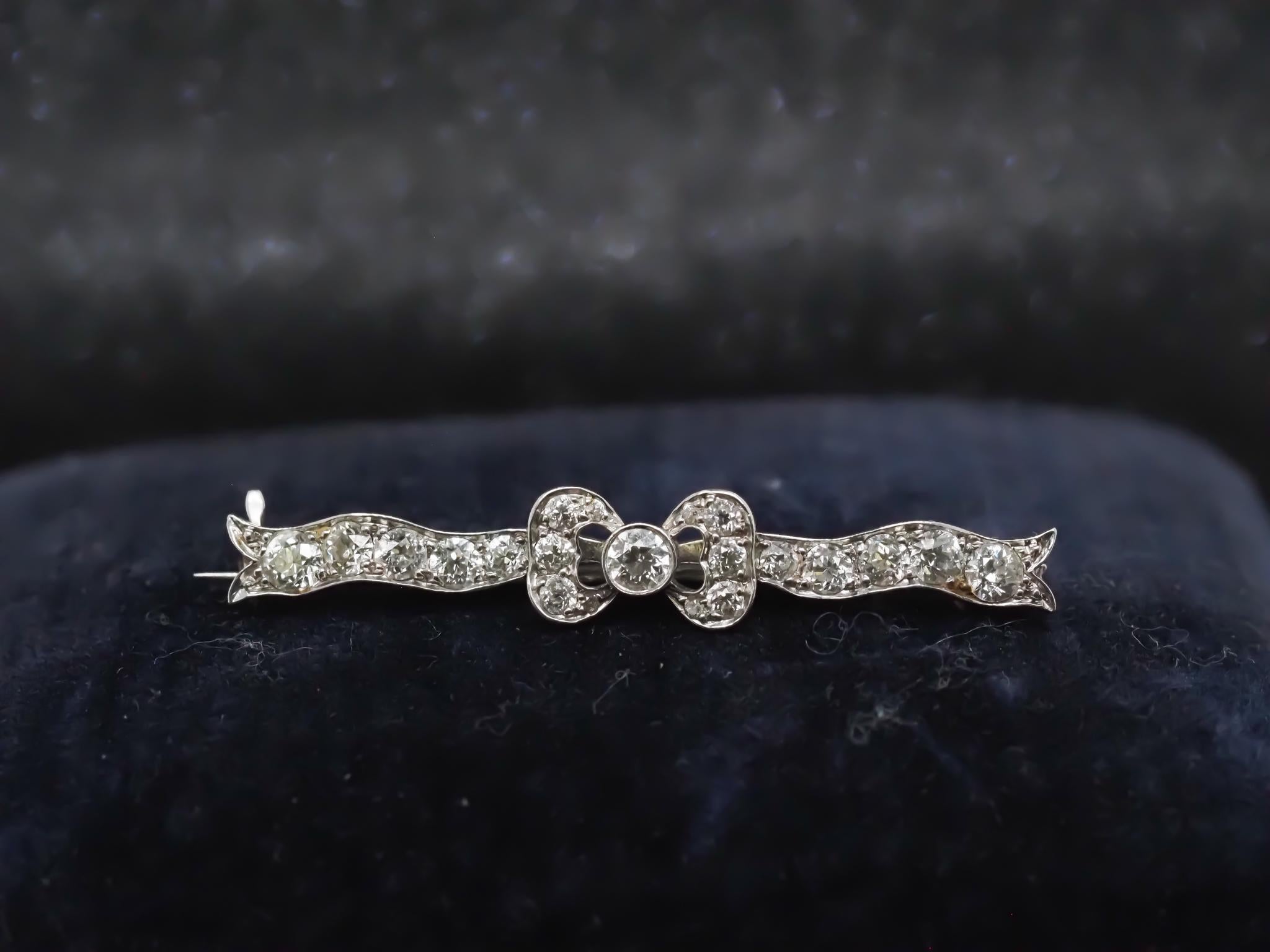 Edwardian Platinum Tiffany & Co. Old European Diamond Ribbon Brooch

Item Details:
Metal Type: Platinum [Hallmarked, and Tested]
Weight: 4.6 grams

Diamond Details: Old European Brilliant, 1.50ct total weight, F Color, VS Clarity

Pin
