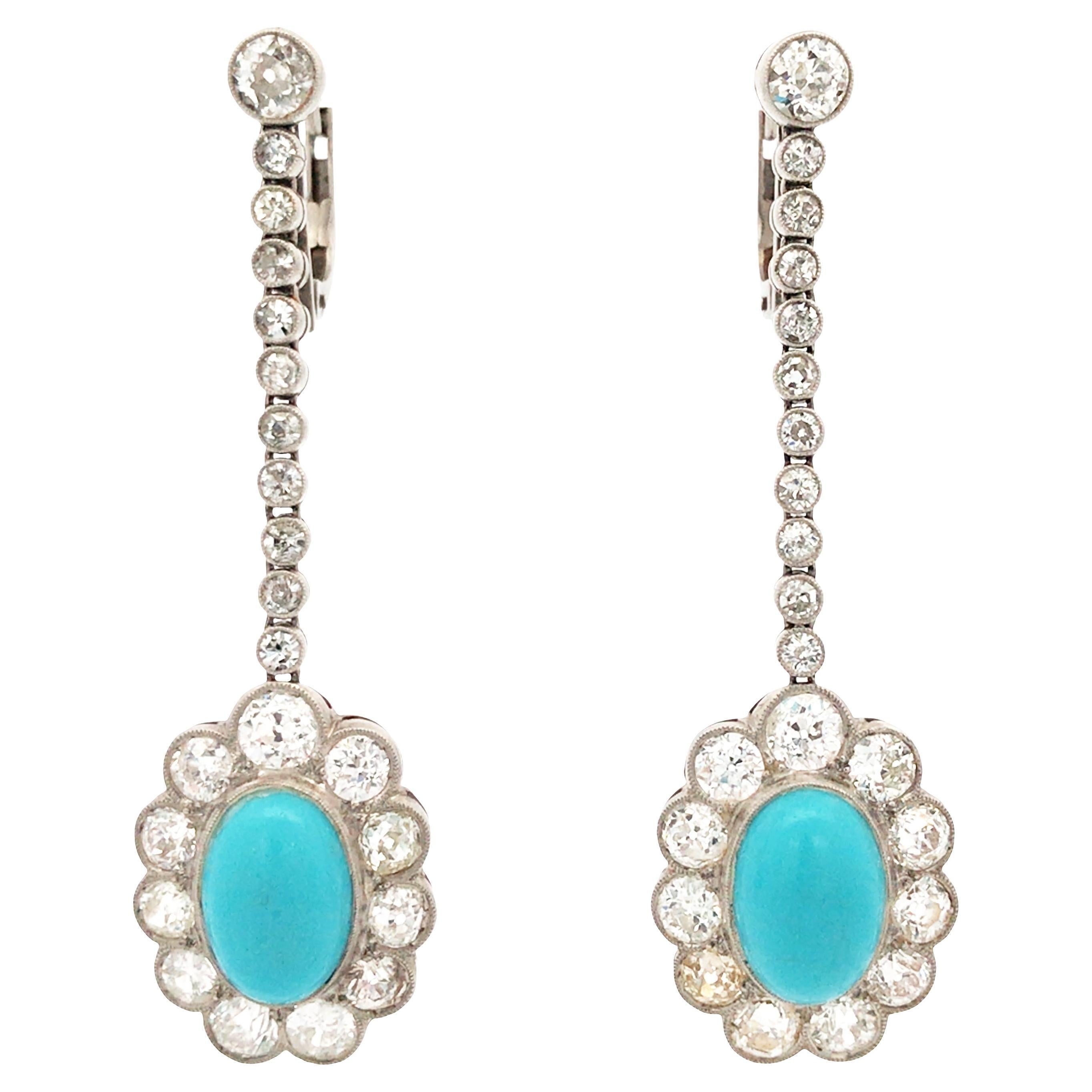 Boucles d'oreilles édouardiennes en platine, turquoise et diamant en vente