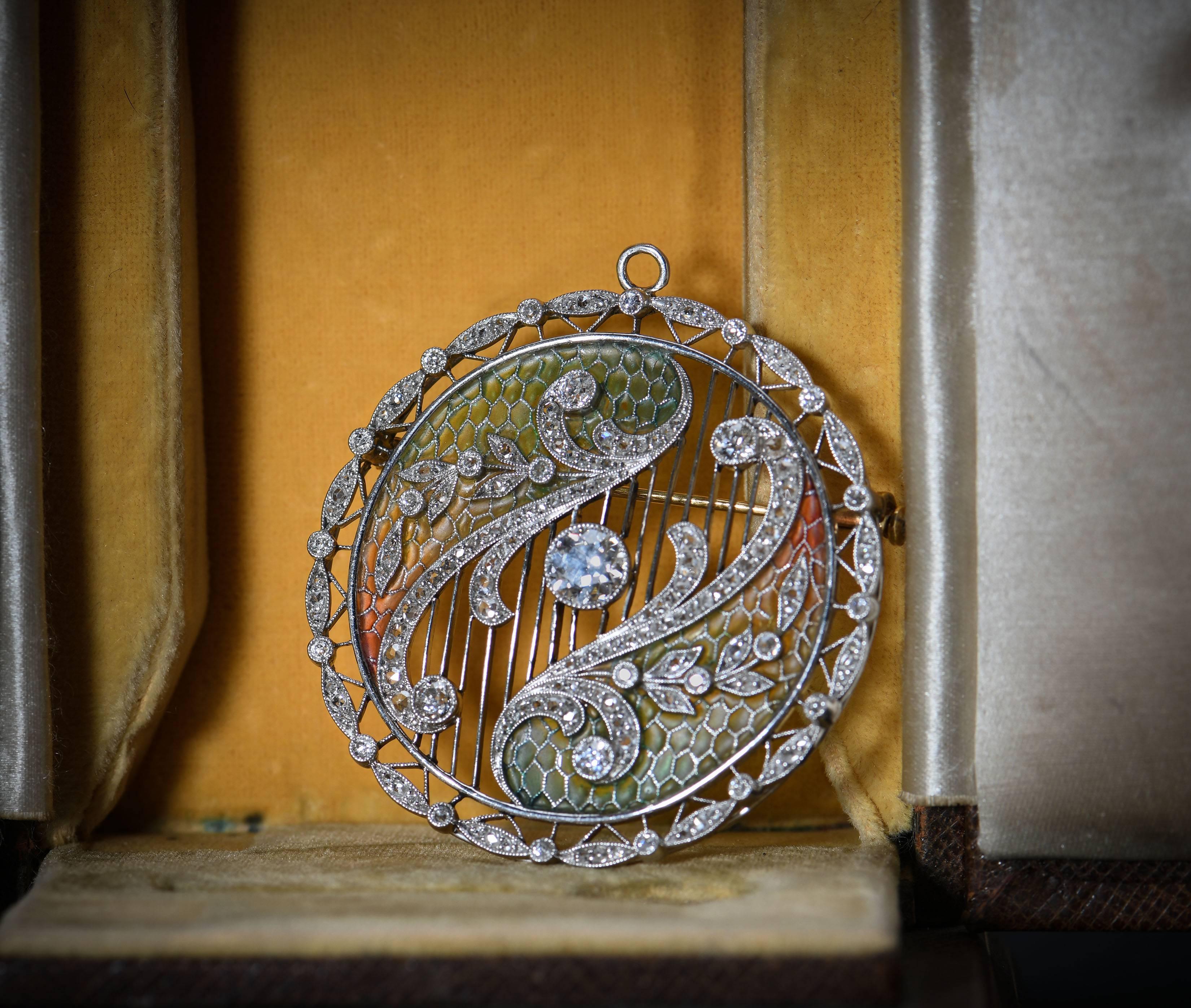 Edwardian Plique-a-Jour Diamond Platinum Gold Brooch Pendant In Excellent Condition In Banbury, GB