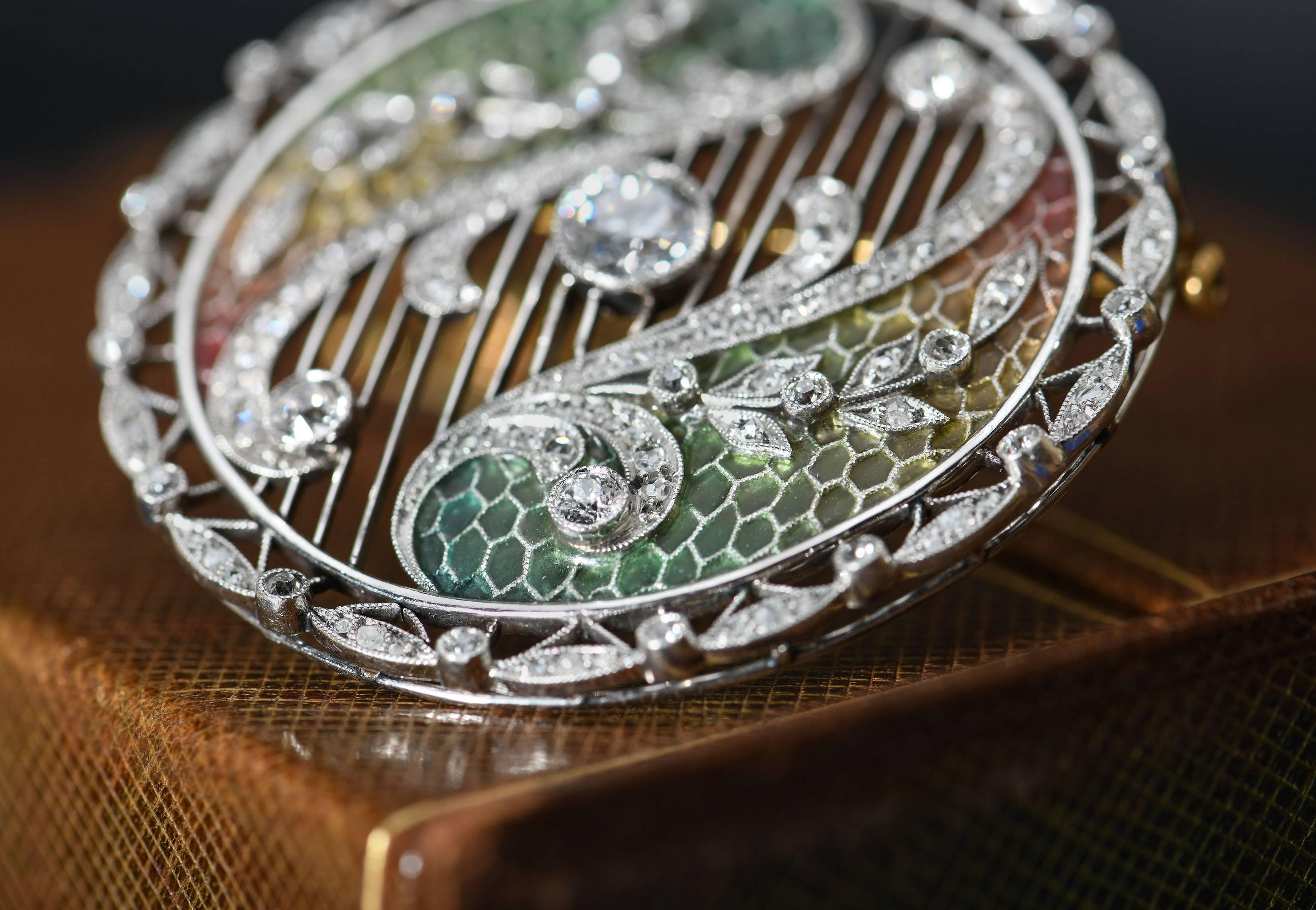 Women's Edwardian Plique-a-Jour Diamond Platinum Gold Brooch Pendant