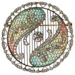 Edwardian Plique-a-Jour Diamond Platinum Gold Brooch Pendant