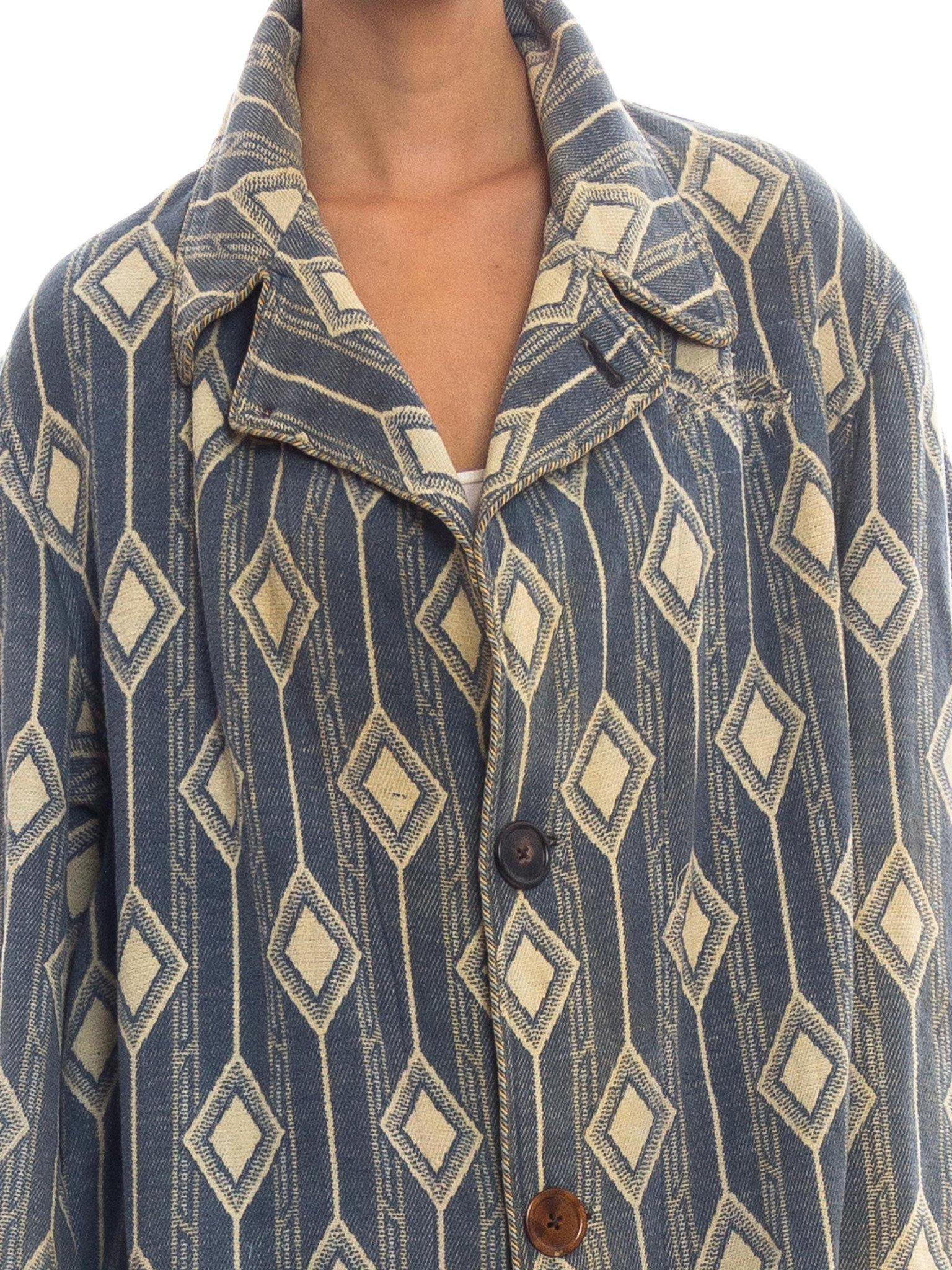 Edwardian POMEROY's INC Blue & White Wool/Cotton Brocade Men's Antique Blanket  2